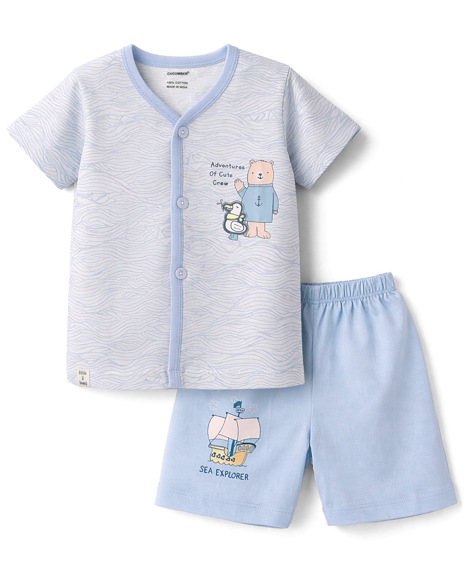 CUCUMBER Knit Half Sleeves T-Shirt & Shorts Set with Nautical Print - Light Blue-picture-2