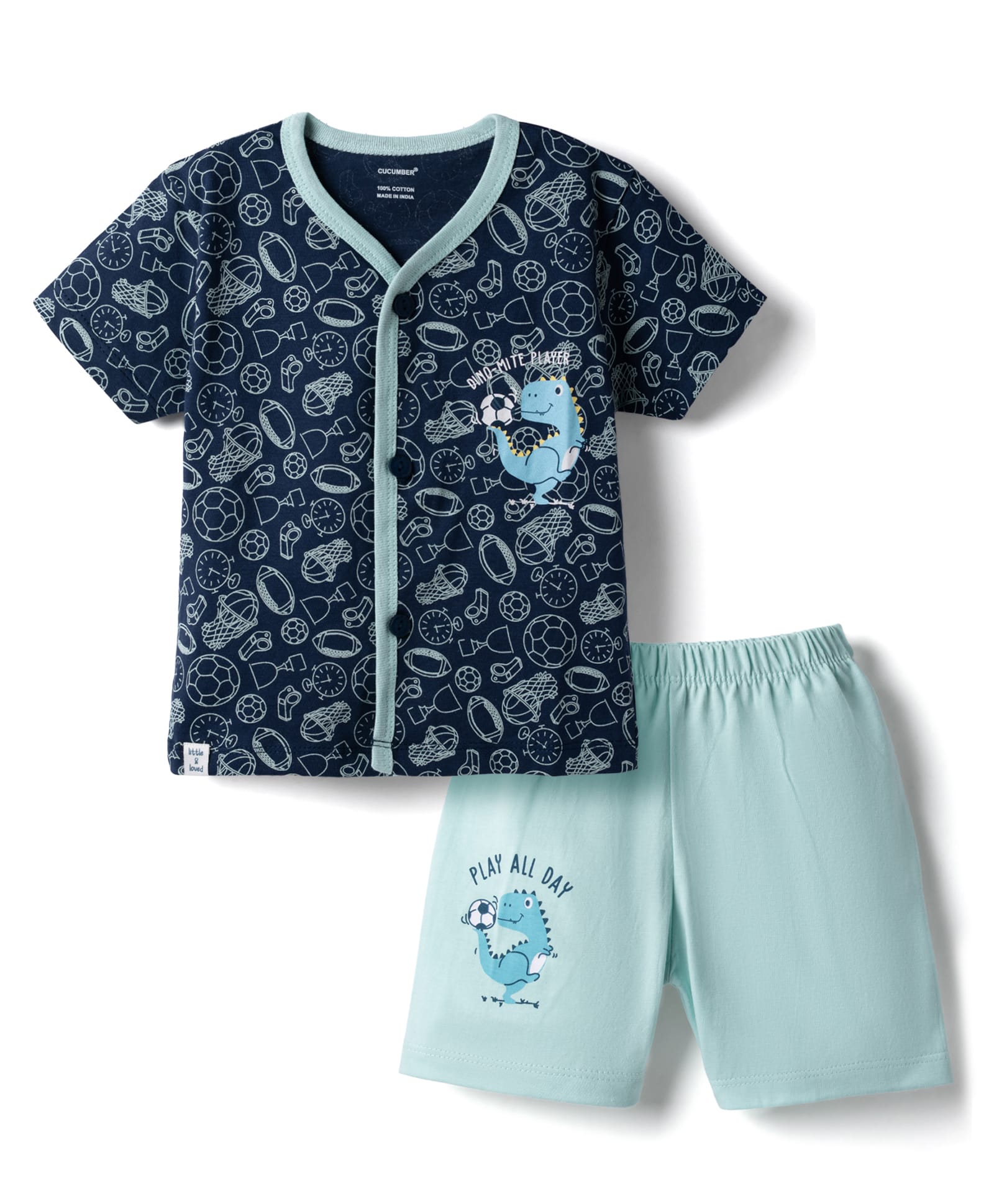 CUCUMBER Knit Half Sleeves T-Shirt & Shorts Set with Dino Print - Navy Blue-picture-24