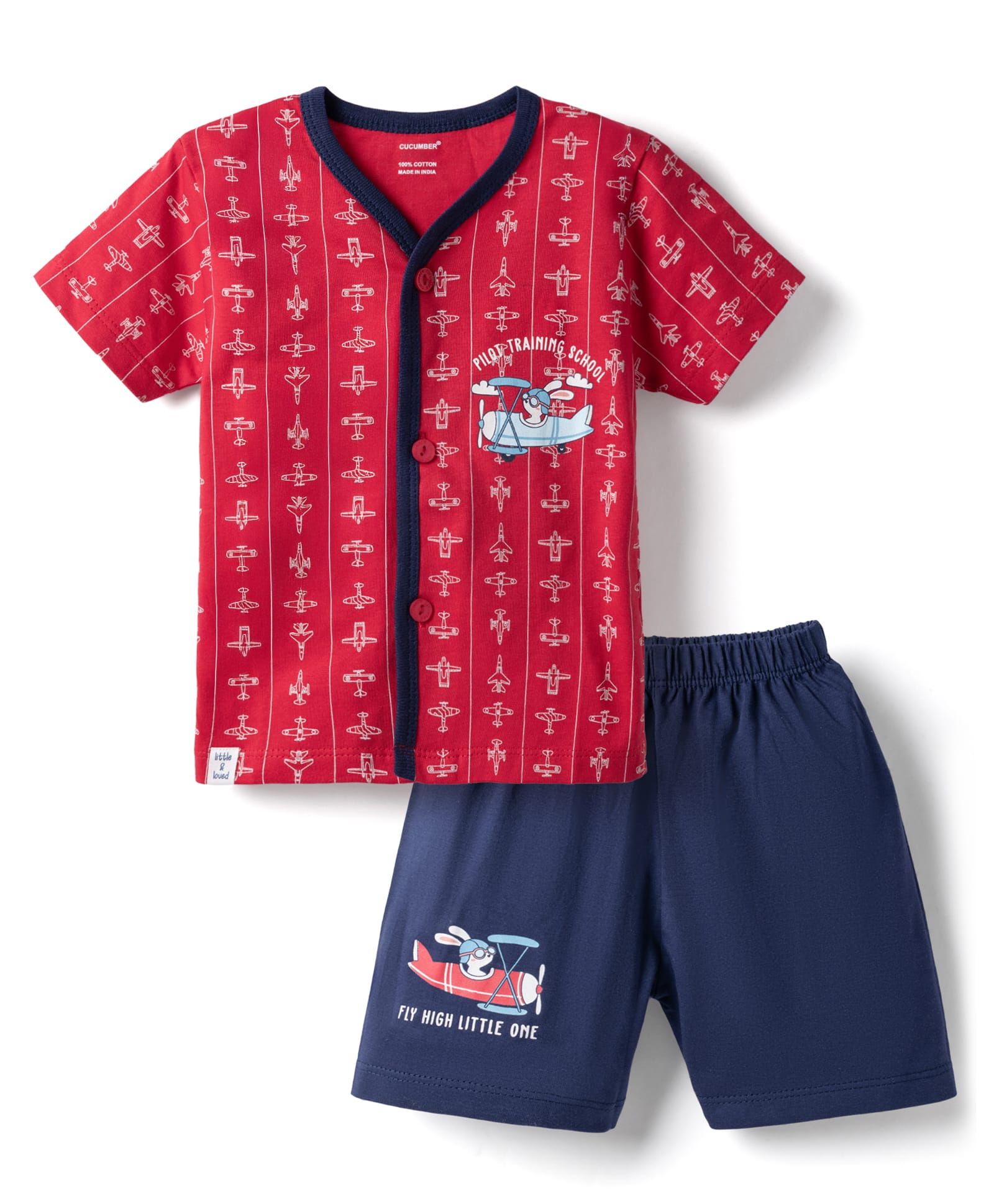 CUCUMBER Knit Half Sleeves T-Shirt & Shorts Set with Plane Print - Red-picture-9