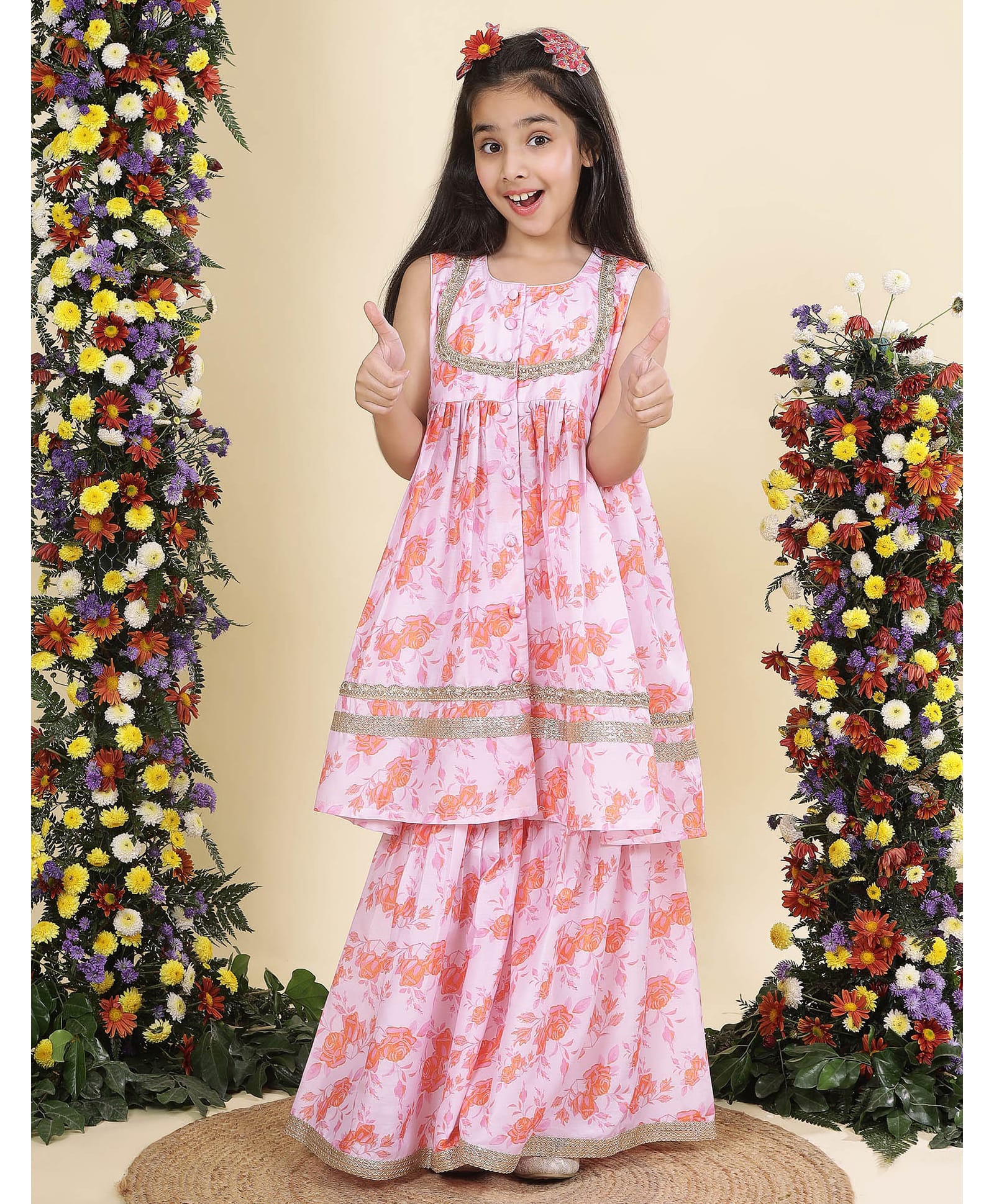 Little Bansi Muslin Woven Sleeveless Gota Lace Embellished & Floral Printed Coordinating Kurti Sharara Set - Pink-picture-30