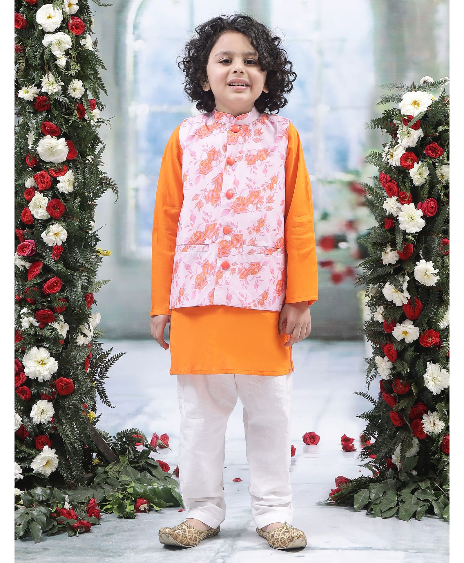 Little Bansi Muslin Woven Full Sleeves Solid Kurta & Pyjama With Rose Printed Nehru Jacket Set - Orange-image-25