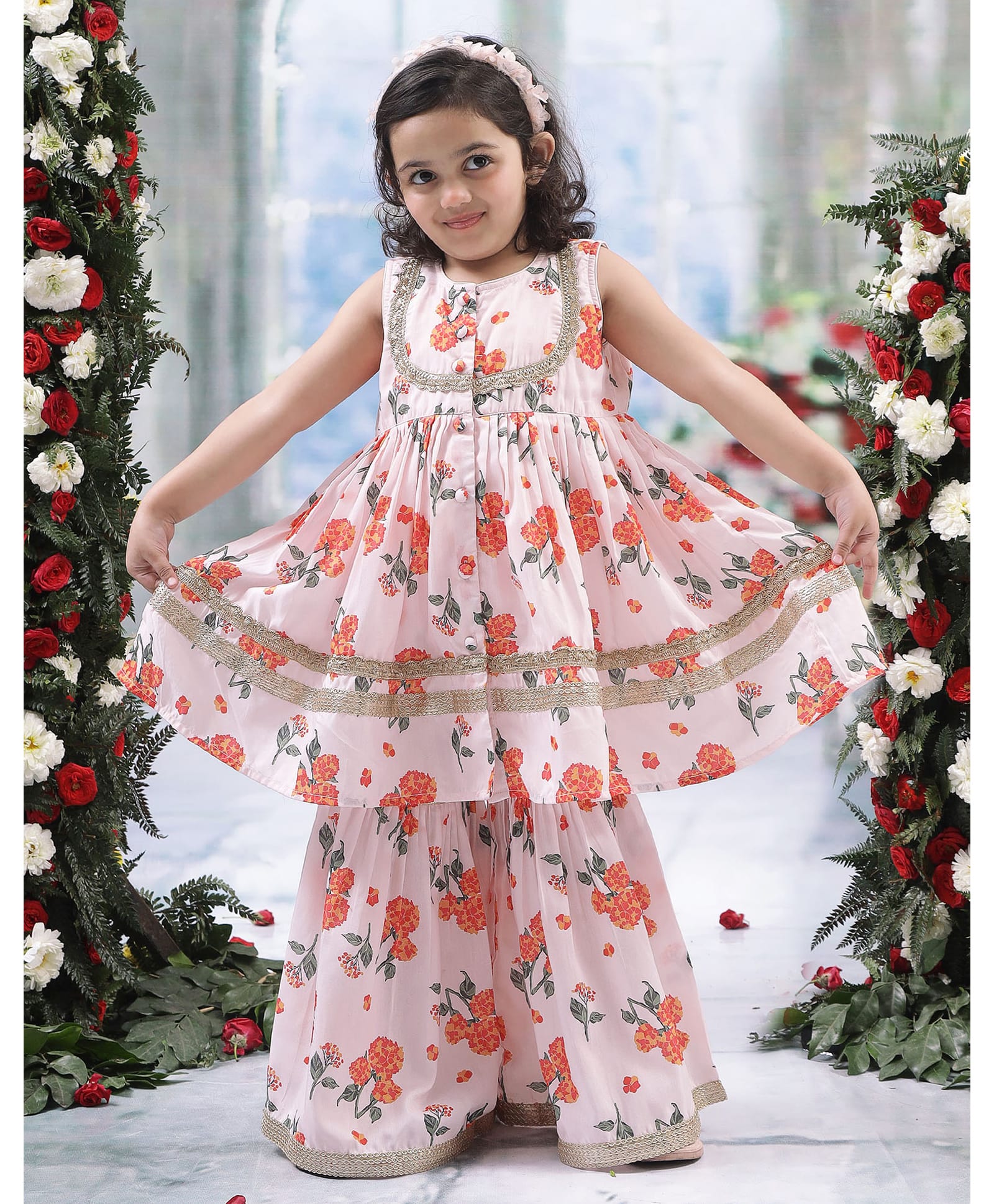 Little Bansi Muslin Woven Sleeveless Marigold Printed Lace Embellished Kurti & Sharara Set - Pink-picture-13