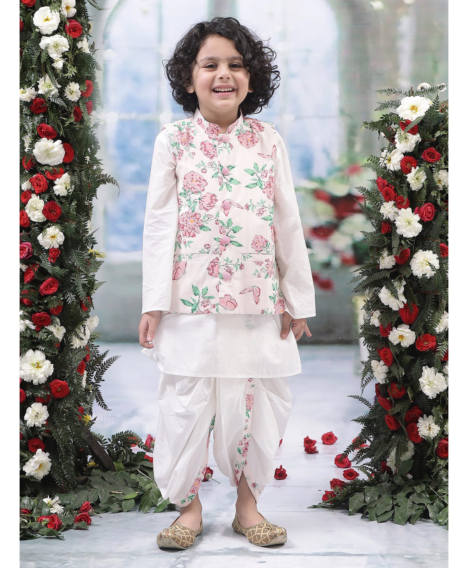 Little Bansi Cotton Woven Full Sleeves Floral Printed Dhoti & Kurta With Nehru Jacket Set - Pink-picture-26
