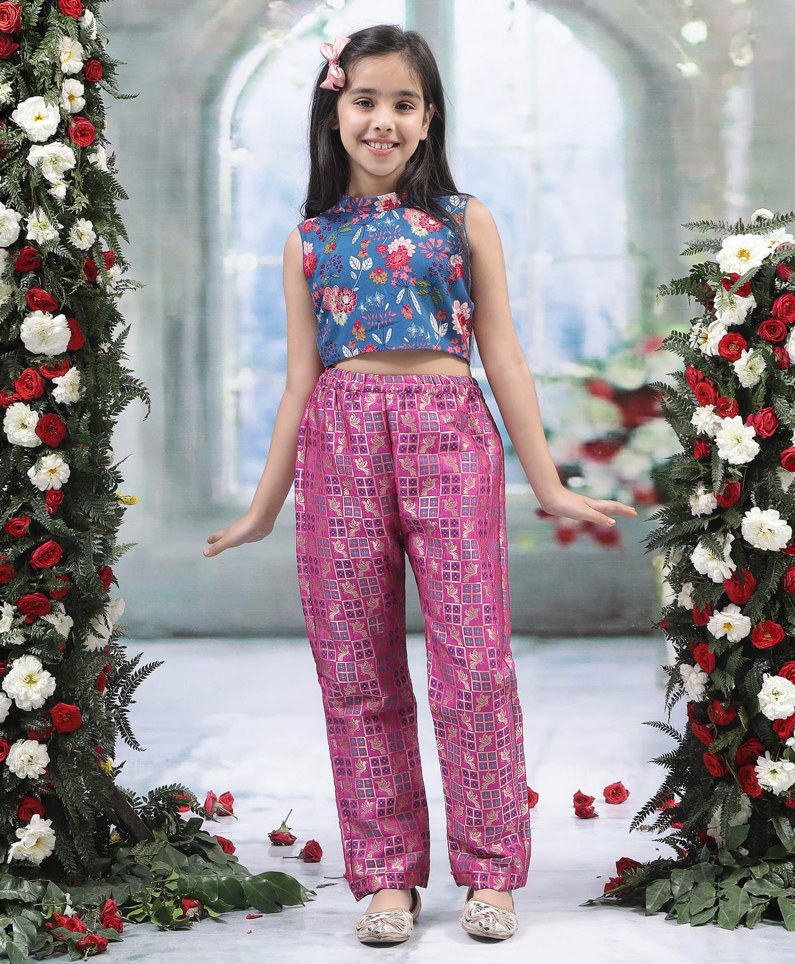 Little Bansi Cotton Woven Sleeveless Floral Printed Top With Palazzo Set - Pink-image-39