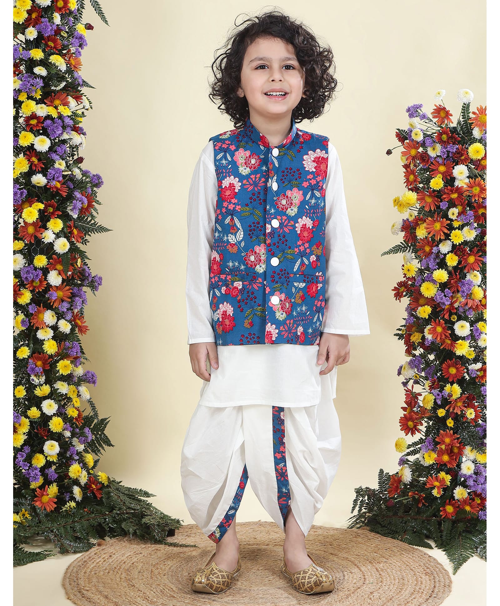 Little Bansi Cotton Woven Full Sleeves Floral Printed Dhoti & Kurta With Nehru Jacket Set - Blue-picture-19