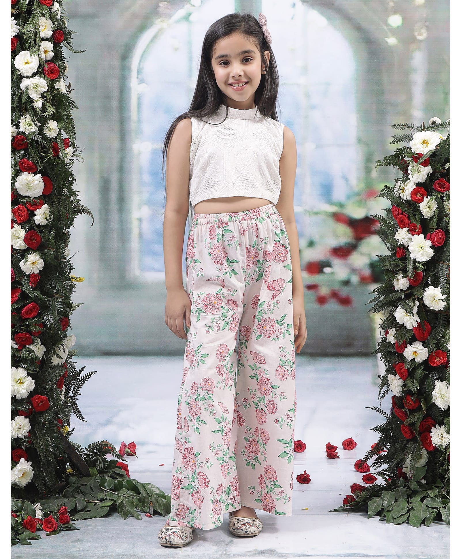 Little Bansi Viscose Woven Sleeveless Floral Embroidered Top & Palazzo Set - Pink-image-33