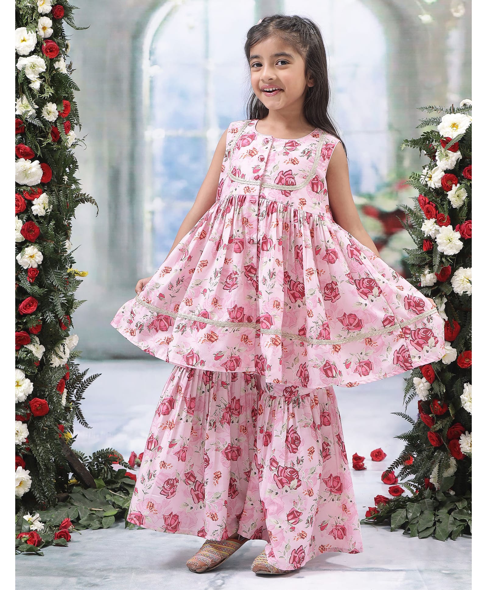 Little Bansi Muslin Woven Sleeveless Floral Printed Lace Embellished Kurti & Sharara Set - Pink-image-27
