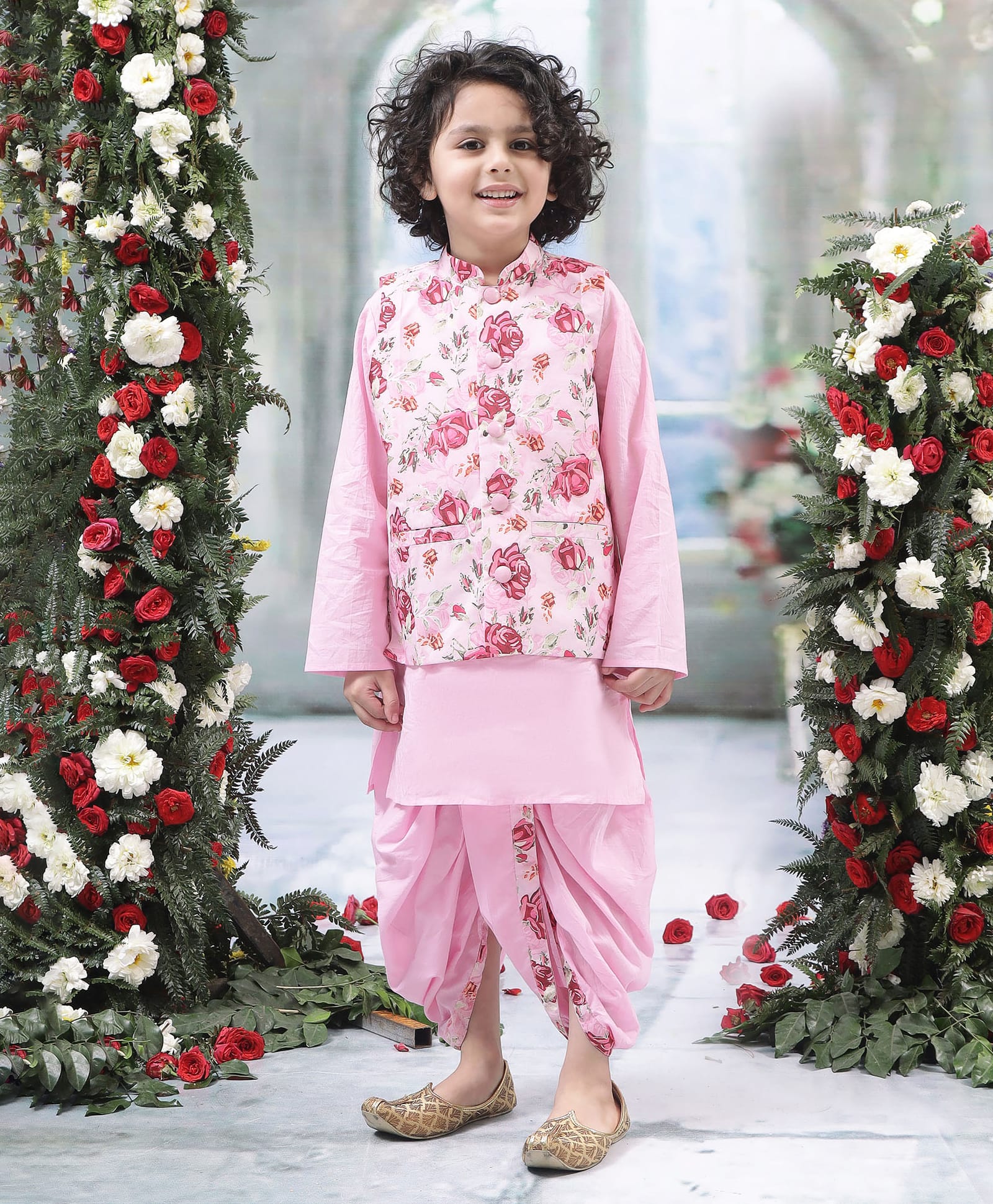 Little Bansi Muslin Woven Full Sleeves Solid Kurta & Dhoti With Floral Printed Nehru Jacket - Pink-picture-27