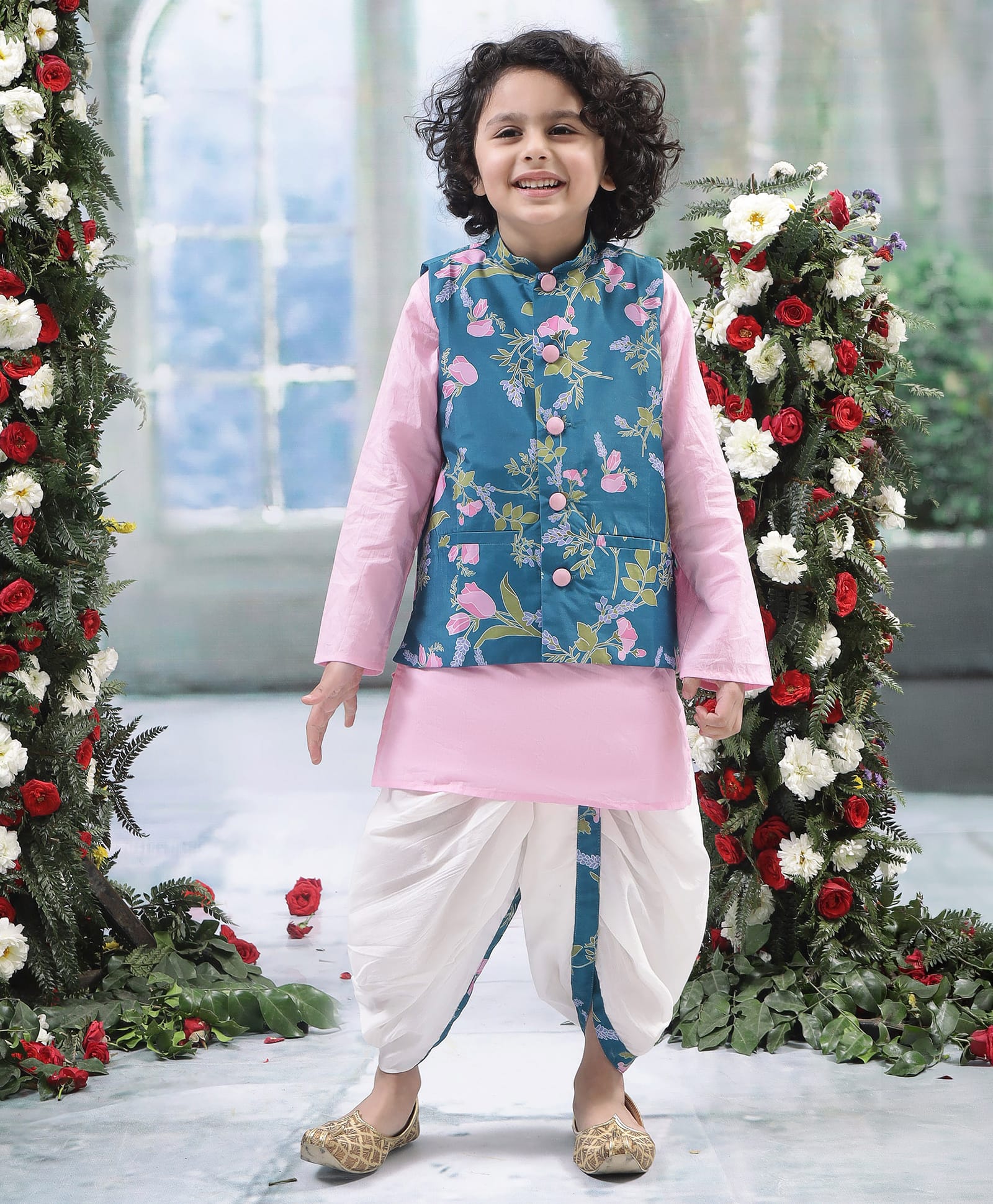 Little Bansi Muslin Woven Full Sleeves Solid Kurta & Dhoti With Floral Printed Nehru Jacket- Green-picture-2