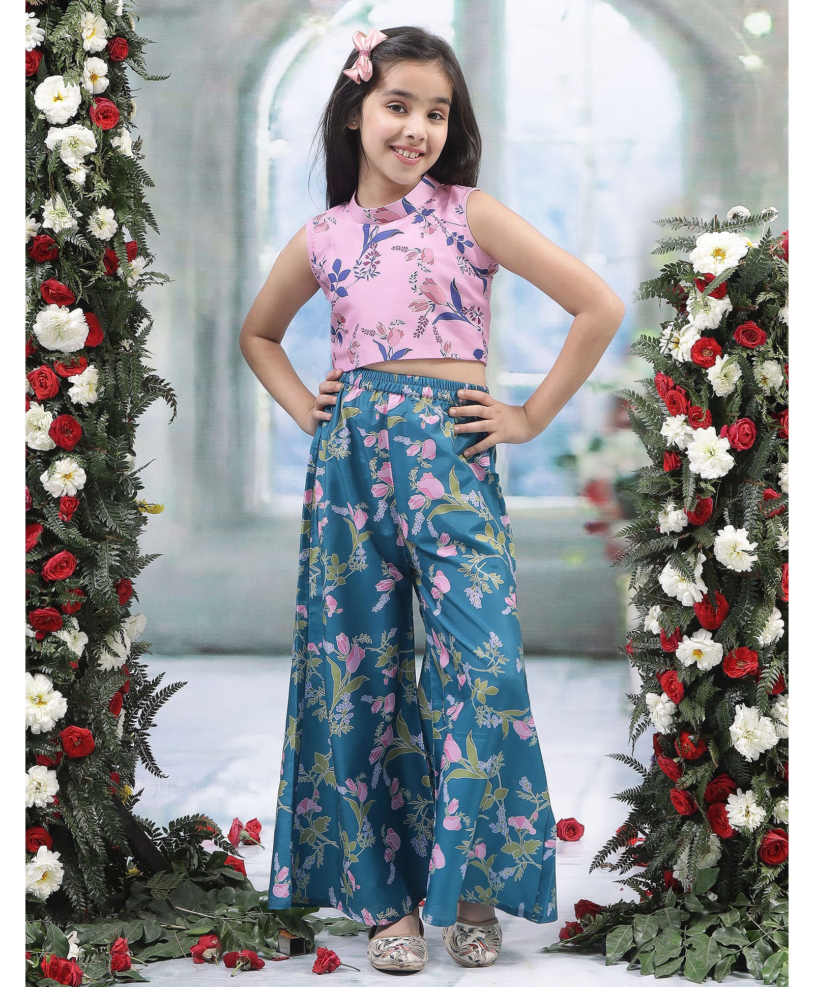 Little Bansi Muslin Woven Sleeveless Floral Printed Top & Palazzo Set - Green-image-20