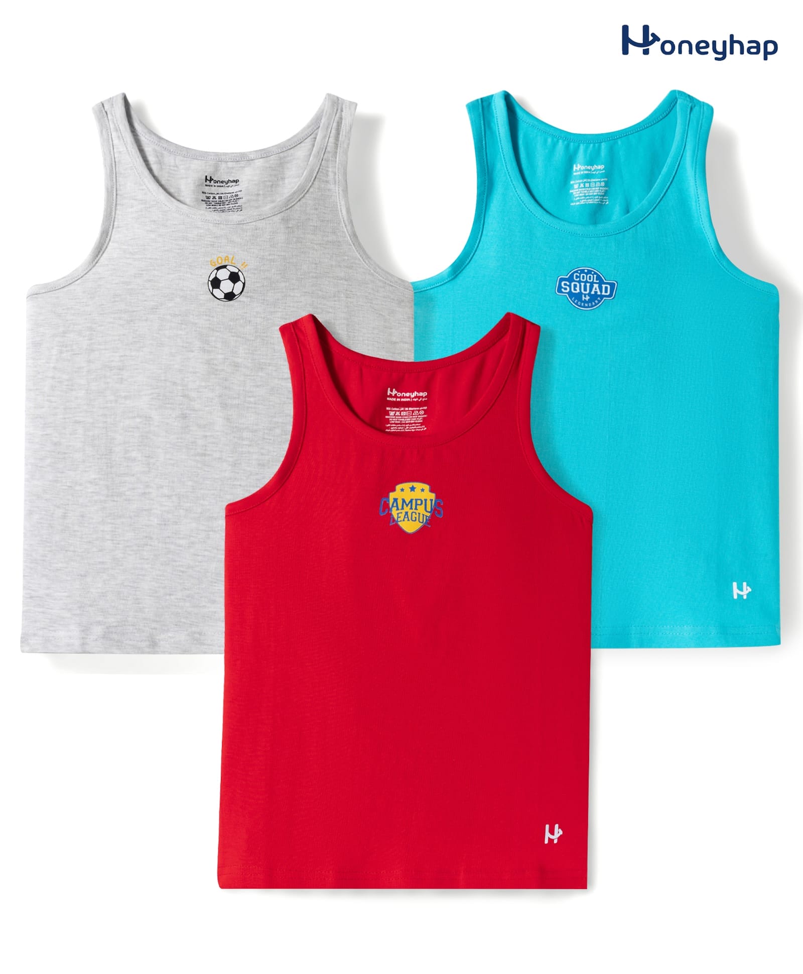 Honeyhap Premium 100% Cotton Elastane Knit With Bio Finish Sleeveless Printed Vests Pack of 3 - White Melange High Risk Red & Scuba Blue-image-41