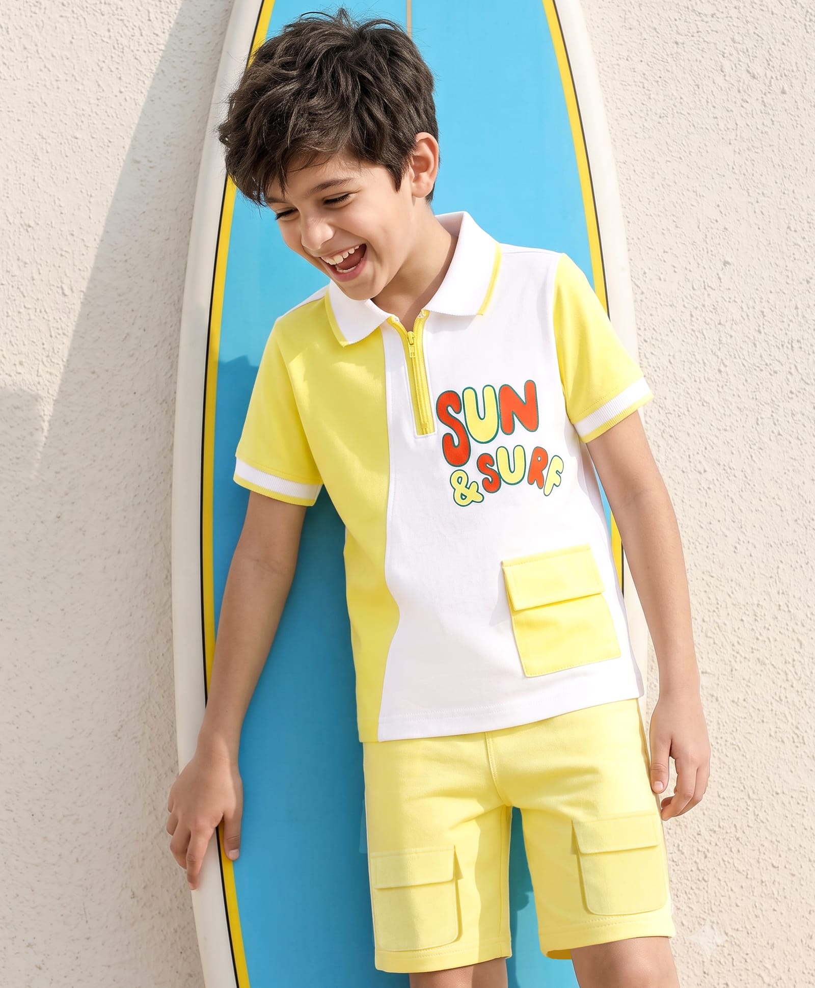 OLLINGTON ST. Cotton Knit Half Sleeve Polo T-Shirt & Shorts Set with Text Print - Light Yellow-picture-17