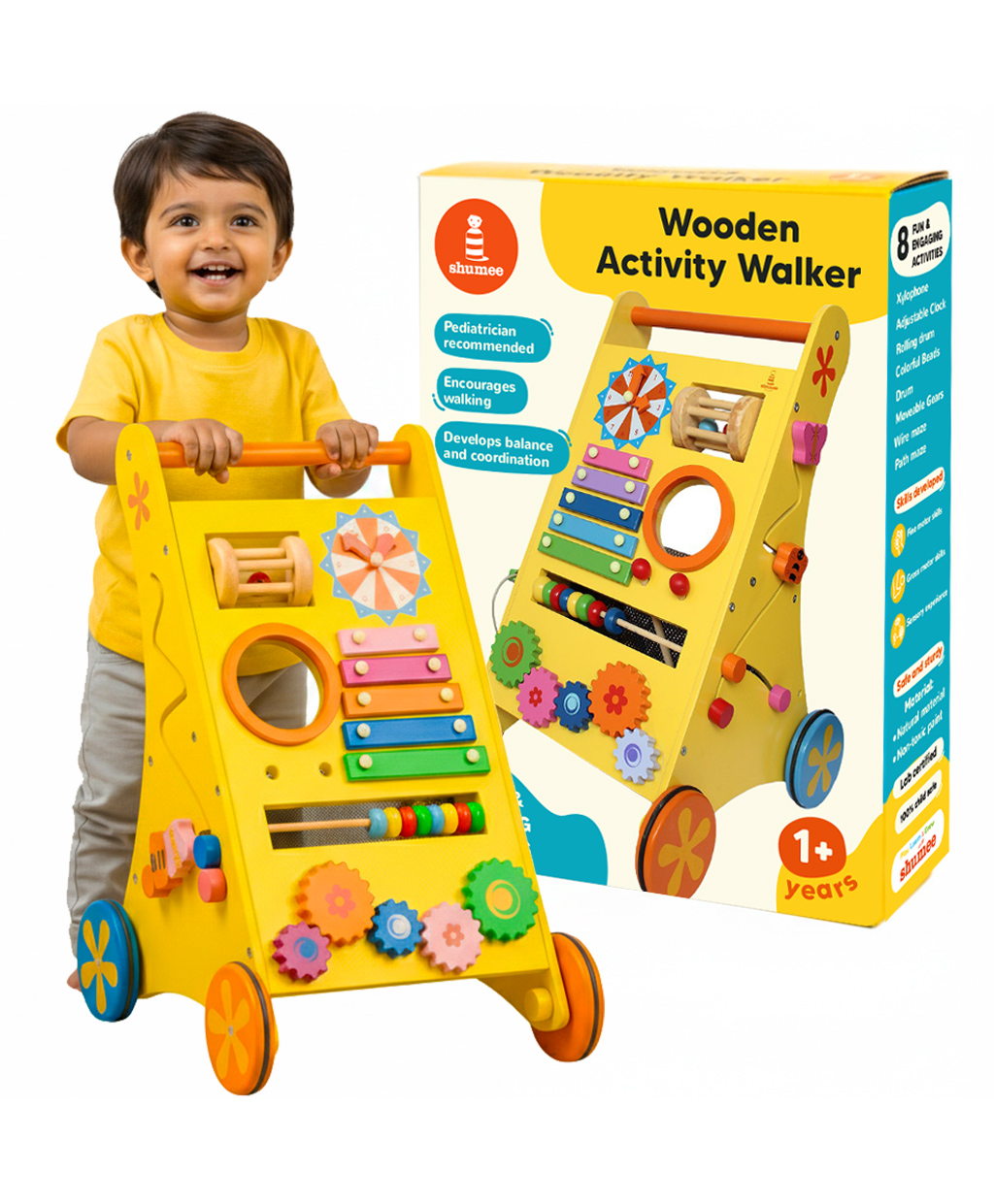 Shumee Wooden Multi-Activity Push Walker for Babies - 5-in-1 Sensory Learning Center with Xylophone, Bead Maze & Storage (9 Months to 2 Years)-picture-18
