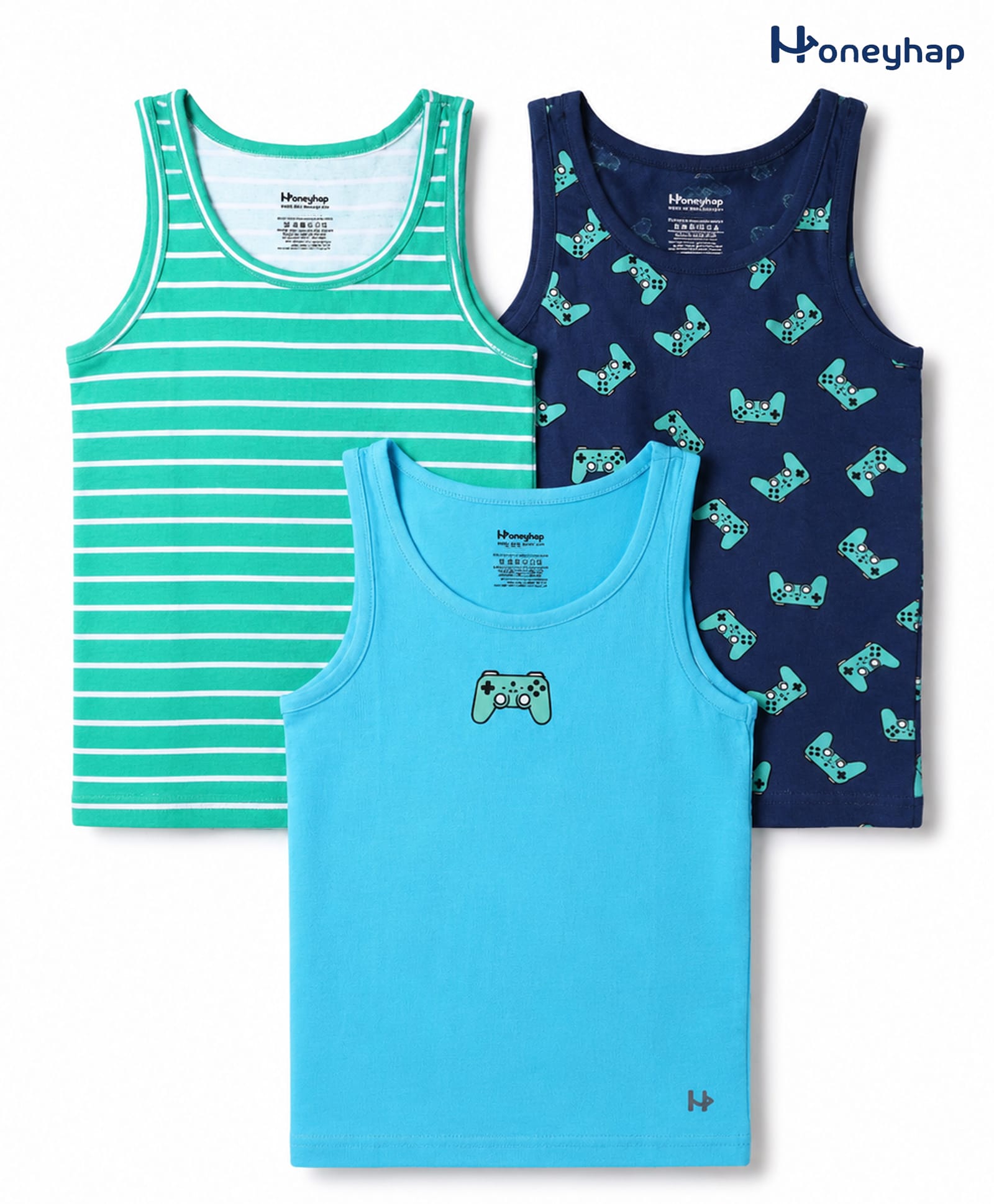 Honeyhap Premium 100% Cotton Knit Sleeveless Striped Vest with Bio Wash & Game Controller Print Pack of 3- Navy Peony Scuba Blue & Bright White-picture-13