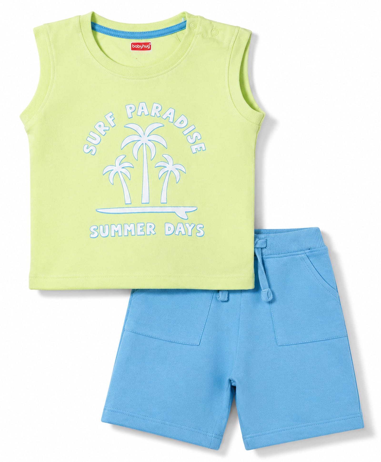 Babyhug Single Jersey Knit Sleeveless T-Shirt & Shorts Set With Tropical Theme - Limegreen & Blue-image-10