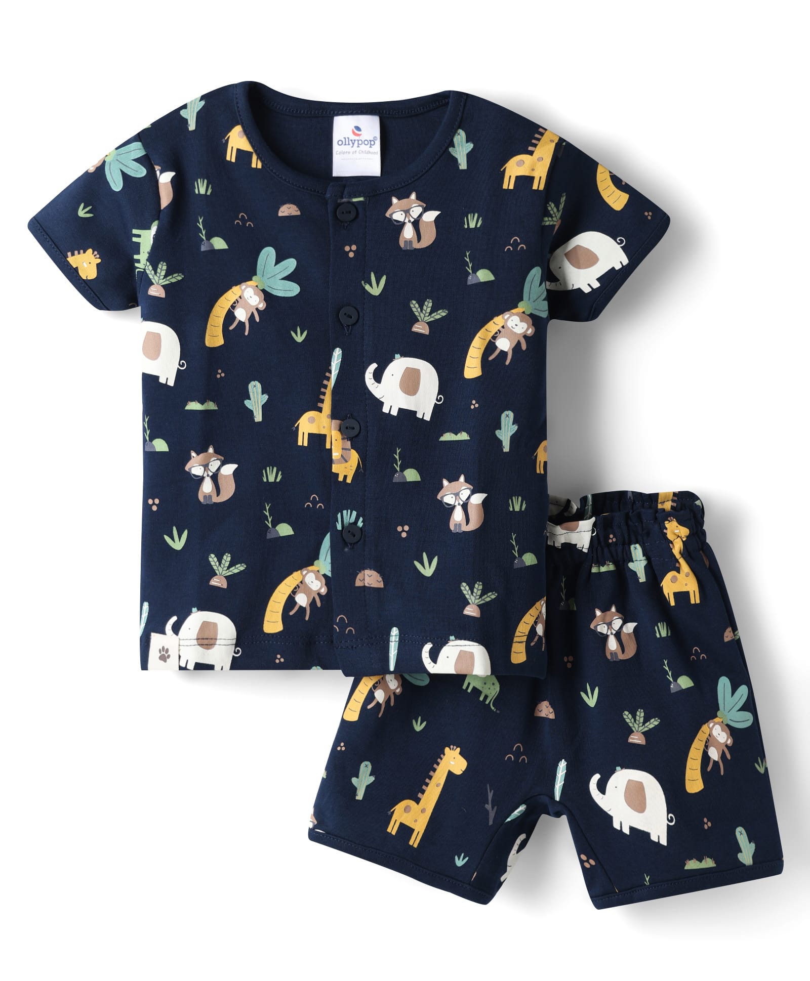Ollypop Interlock Knit Half Sleeves Co-Ord T-Shirt & Shorts Night Suit With Animal Print - Blue-picture-29