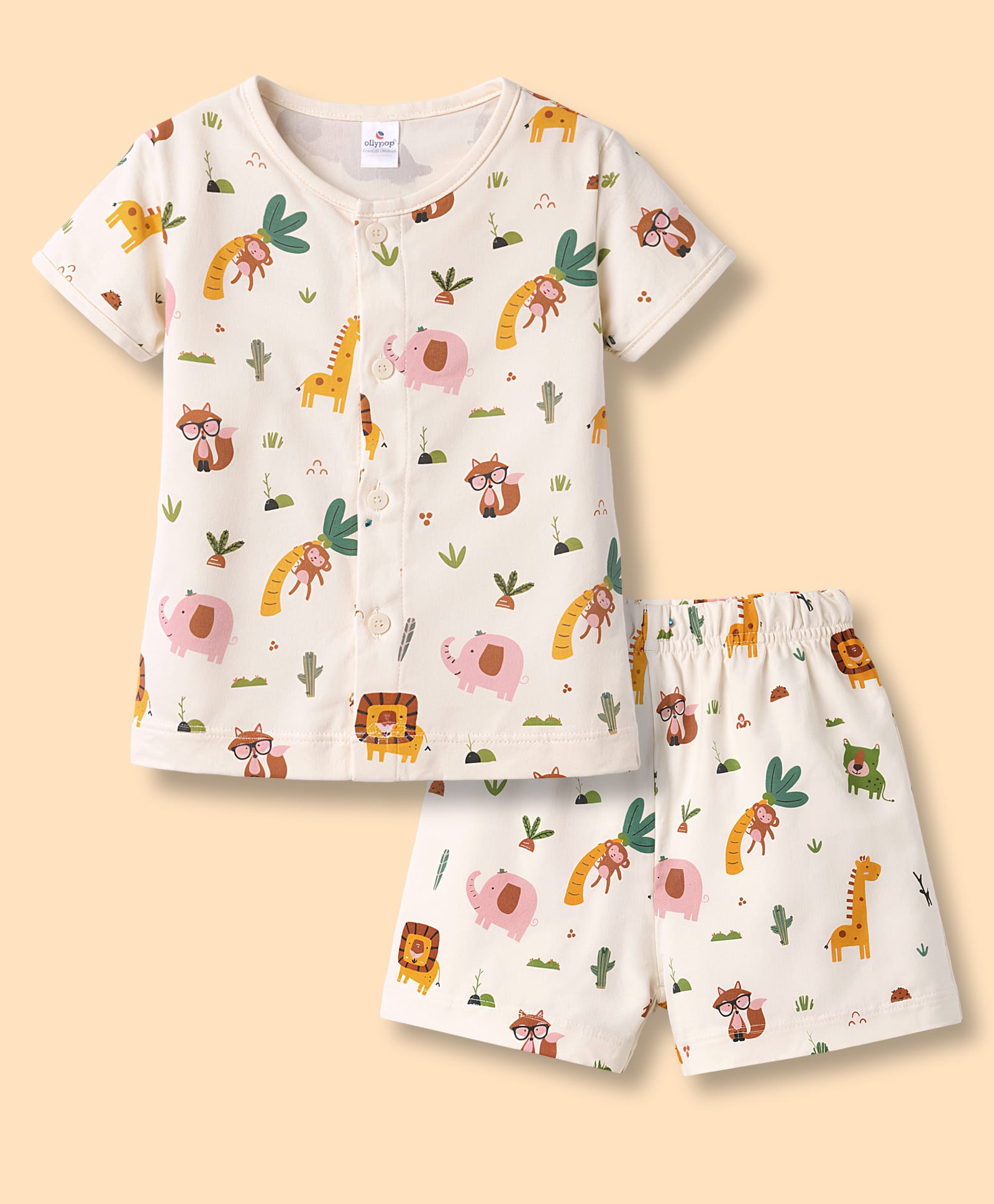 Ollypop Interlock Knit Half Sleeves Co-ord T-Shirt & Shorts Night Suit With Jungle Print - Cream-picture-1