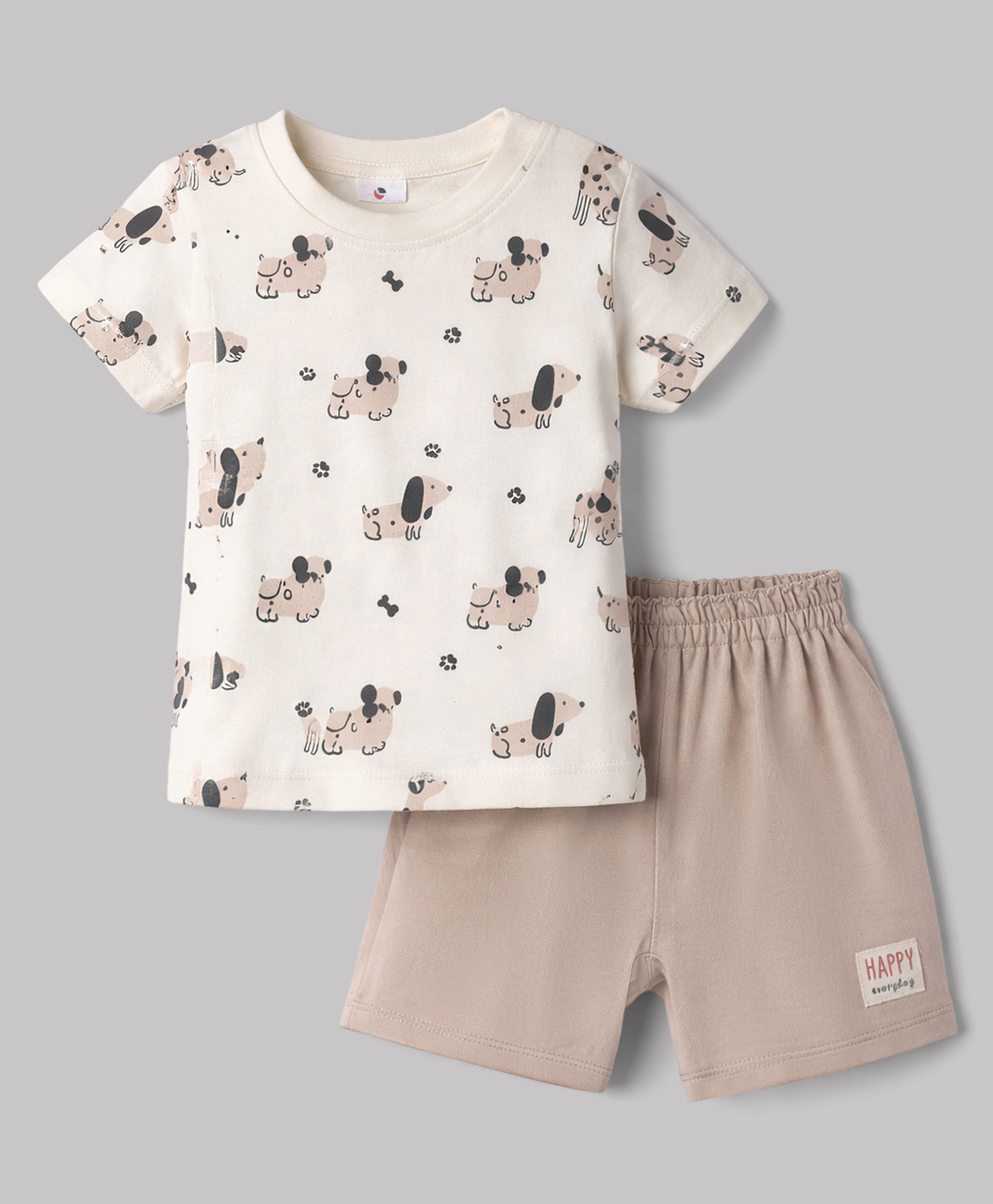 Ollypop Sinker Knit Half Sleeves T-Shirt & Shorts Set with Dog Print - Cream & Ivory-picture-7