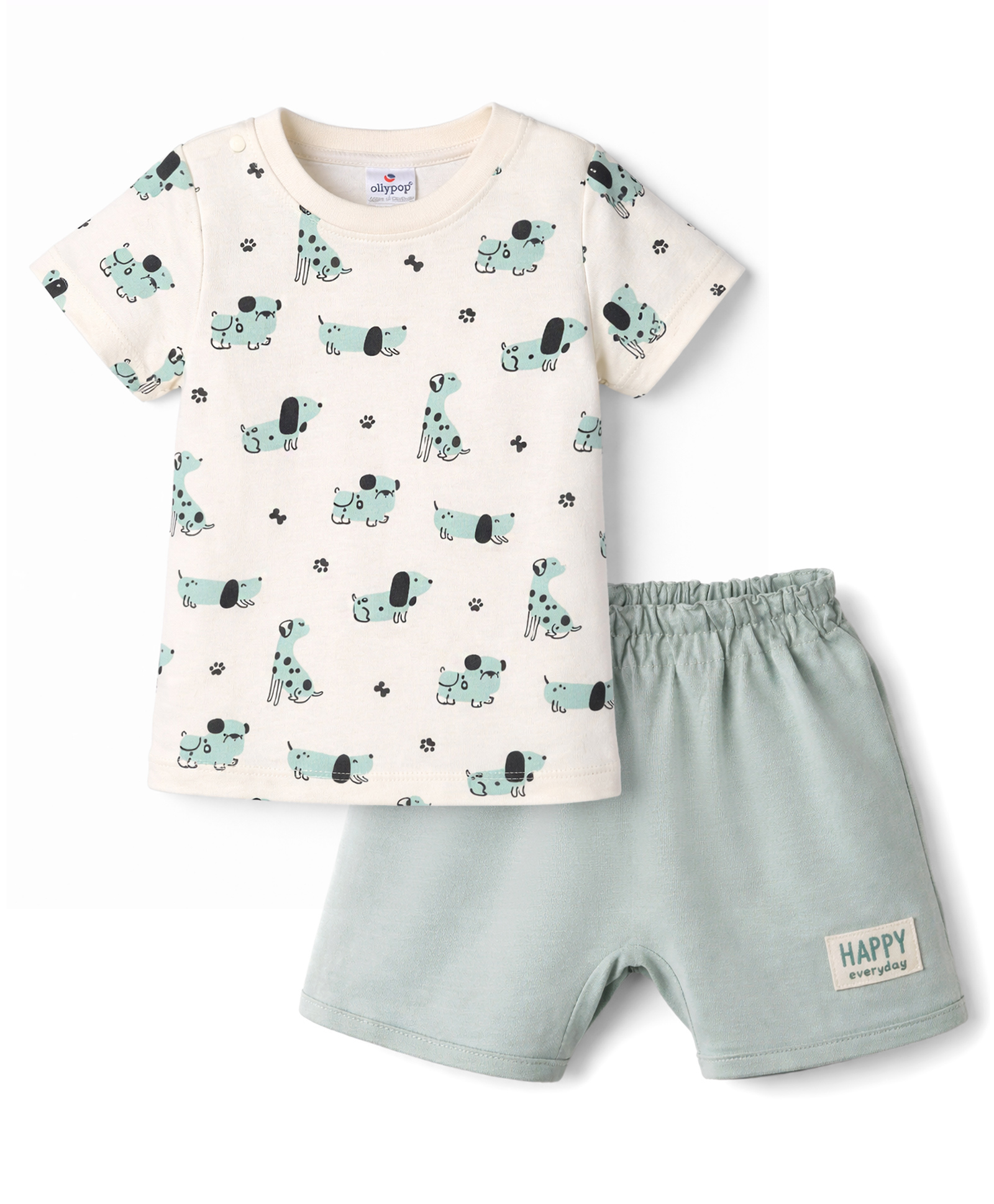 Ollypop Sinker Knit Half Sleeves T-Shirt & Shorts Set with Dog Print - Cream & Sea Green-picture-24