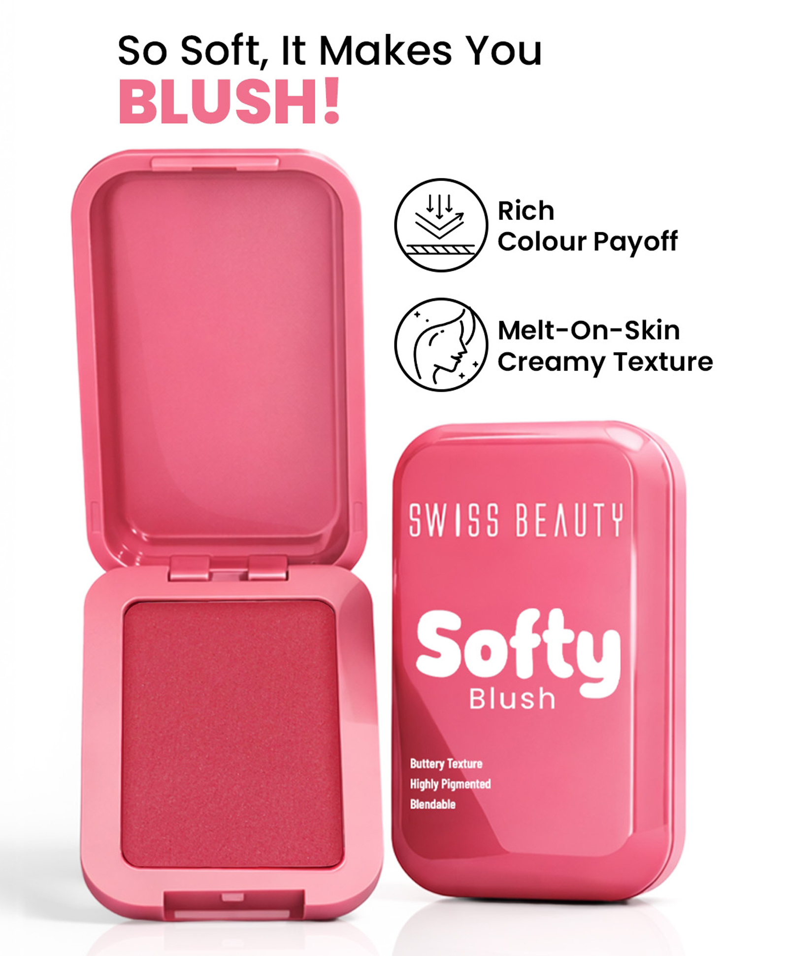 Swiss Beauty Softy Blush | Buttery Texture | Blendable | Highly Pigmented | Long-Lasting | Travel-Friendly | 01 Strawberry-image-4