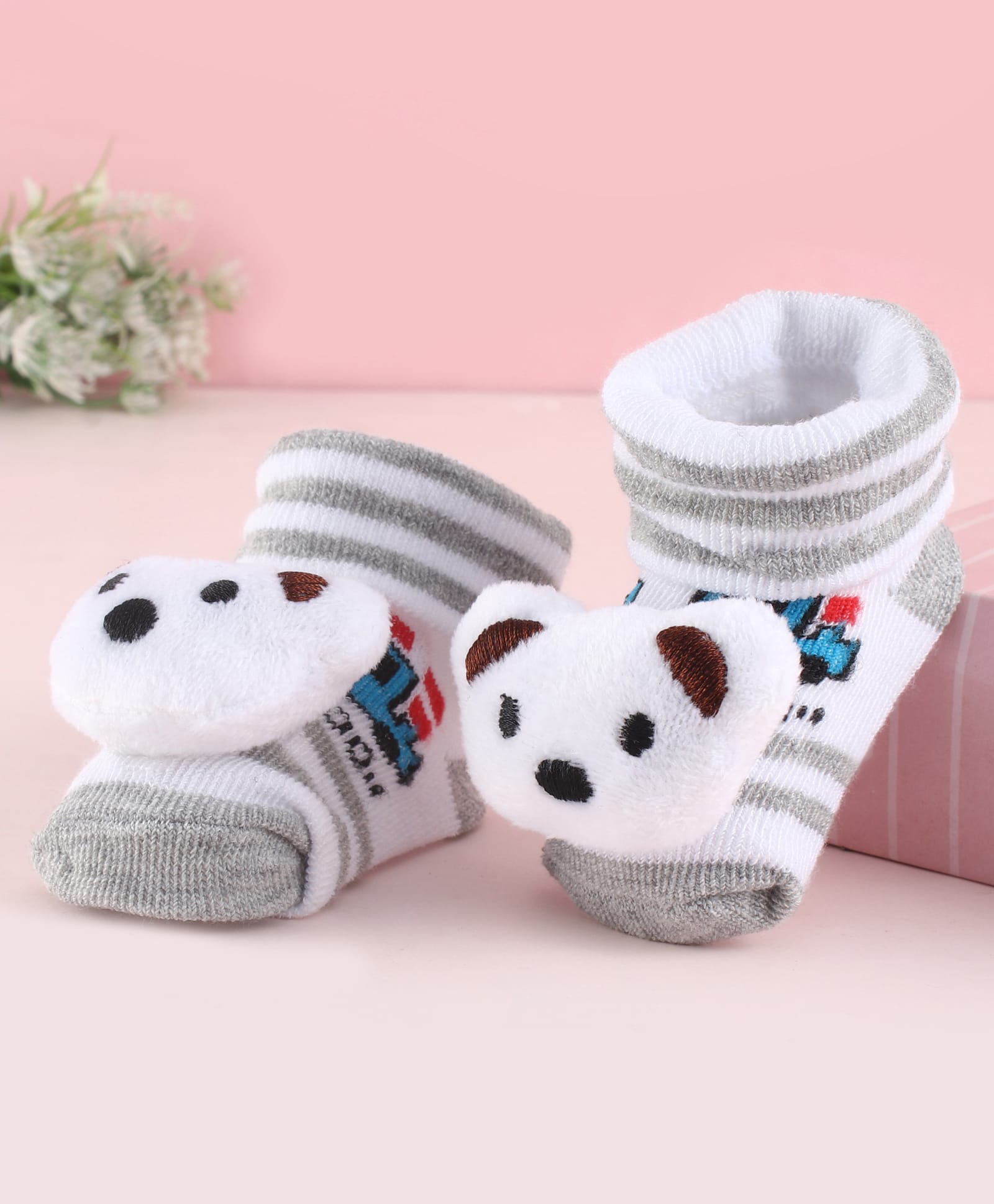 Cute Walk by Babyhug Fabric Striped Socks Shoes With Large Teddy Bear Applique - White-picture-28