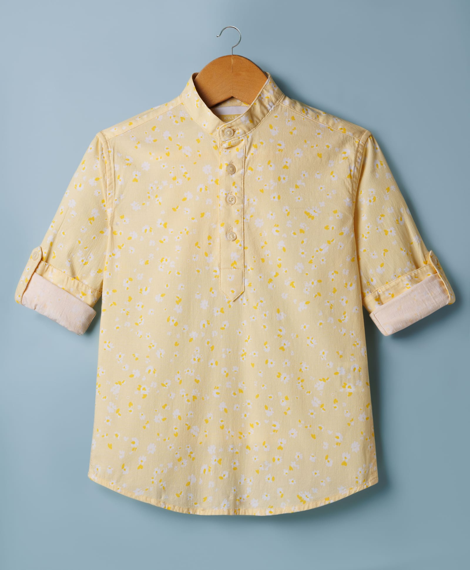 Junior Killer Cotton Linen Woevn Full Sleeves Floral Printed Kurta Shirt - Yellow-picture-16
