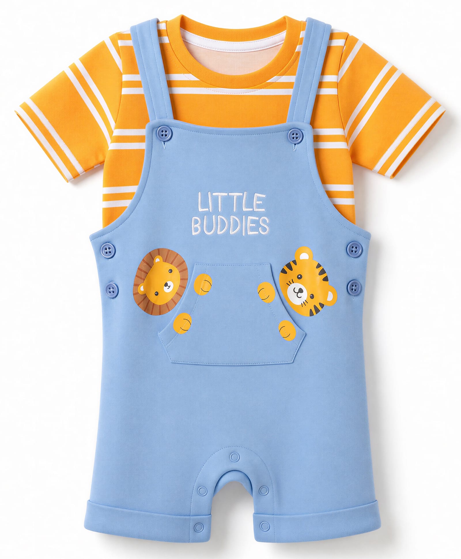 Babyhug Single Jersey Knit Half sleeves Striped T-Shit With Text Embroidery & Animal Print Dungaree - Orange-image-5
