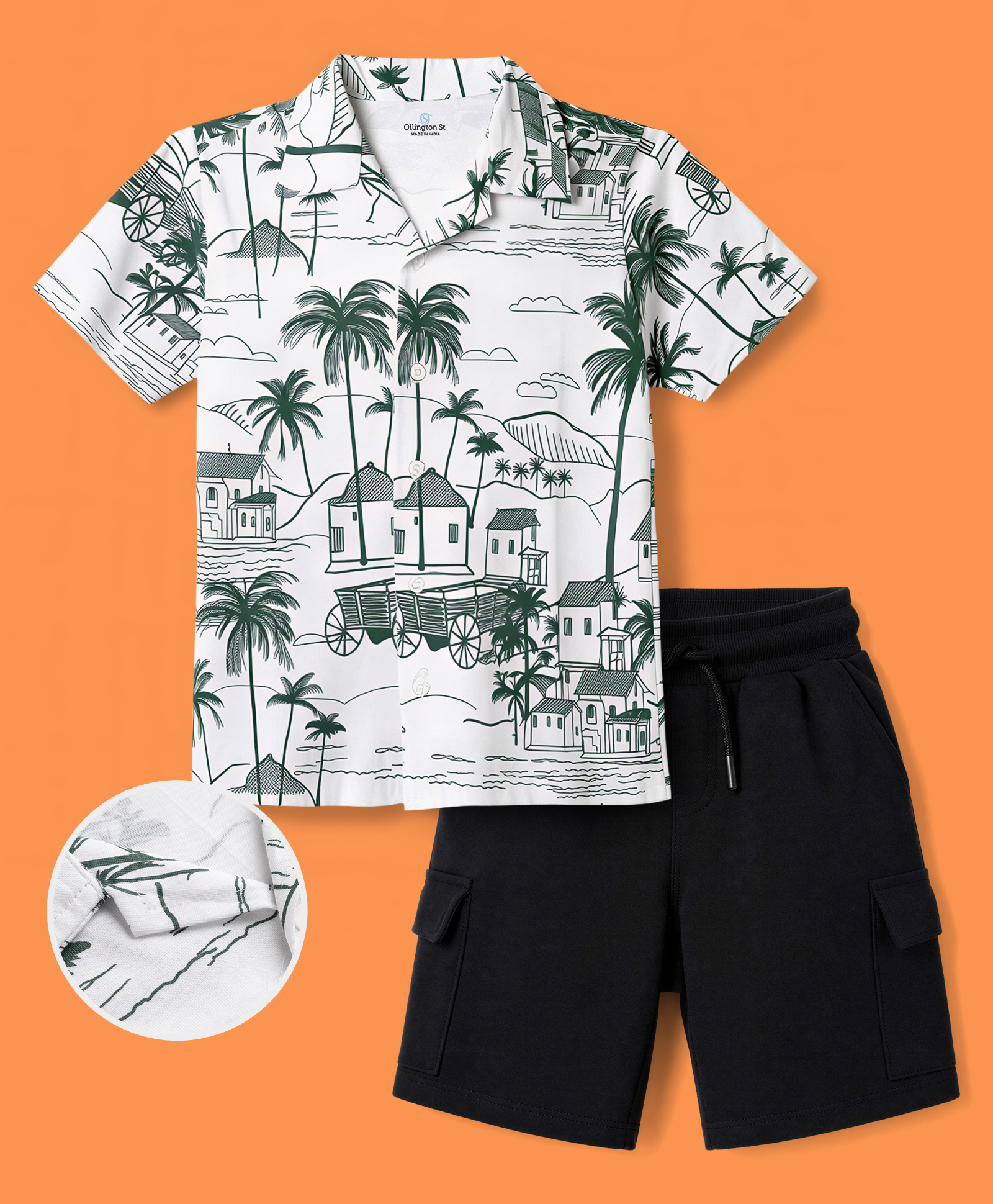 OLLINGTON ST. Sinker Knit Half Sleeves Shirt & Shorts With Tropical Print - White-image-4