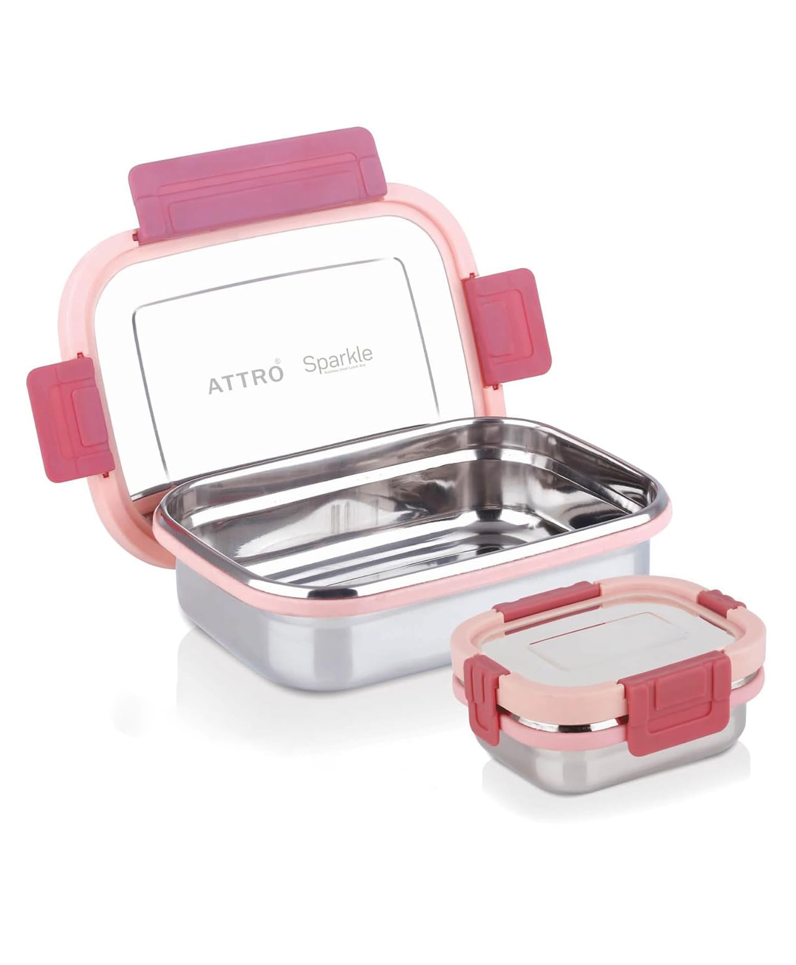 ATTRO Sparkle Medium Stainless Steel Lunch Box Set Leak-Proof Containers - 2 Pieces 750 ml + 200 ml - Peach-picture-43