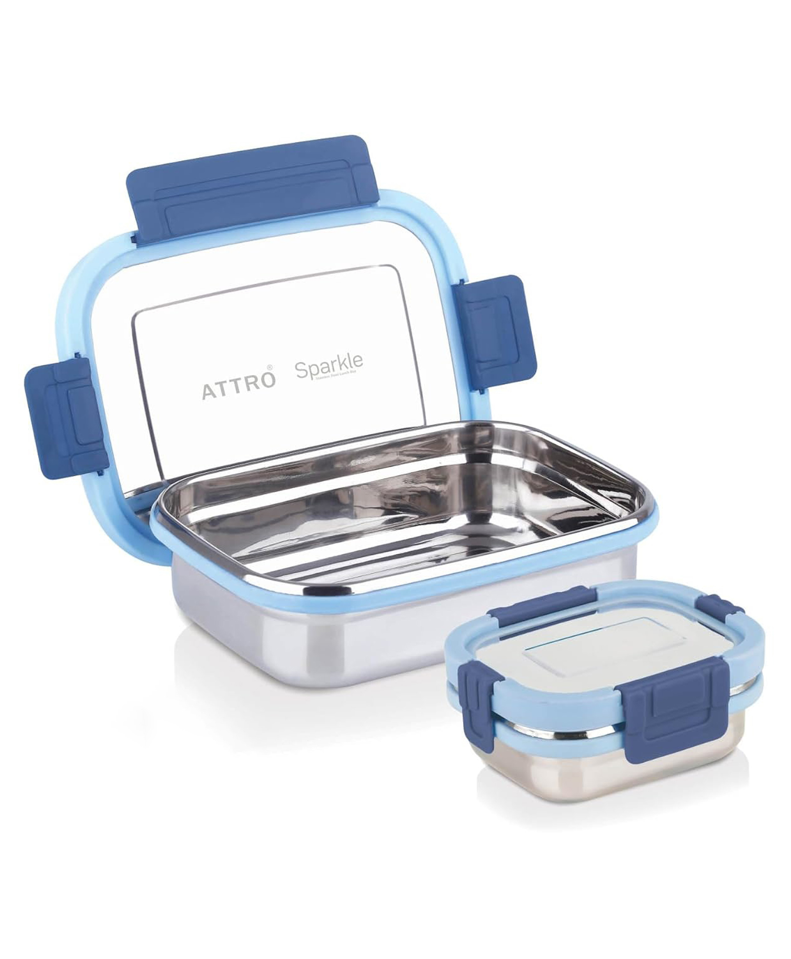 ATTRO Sparkle Medium Stainless Steel Lunch Box Set Leak-Proof Containers - 2 Pieces 750 ml + 200 ml - Blue-picture-3