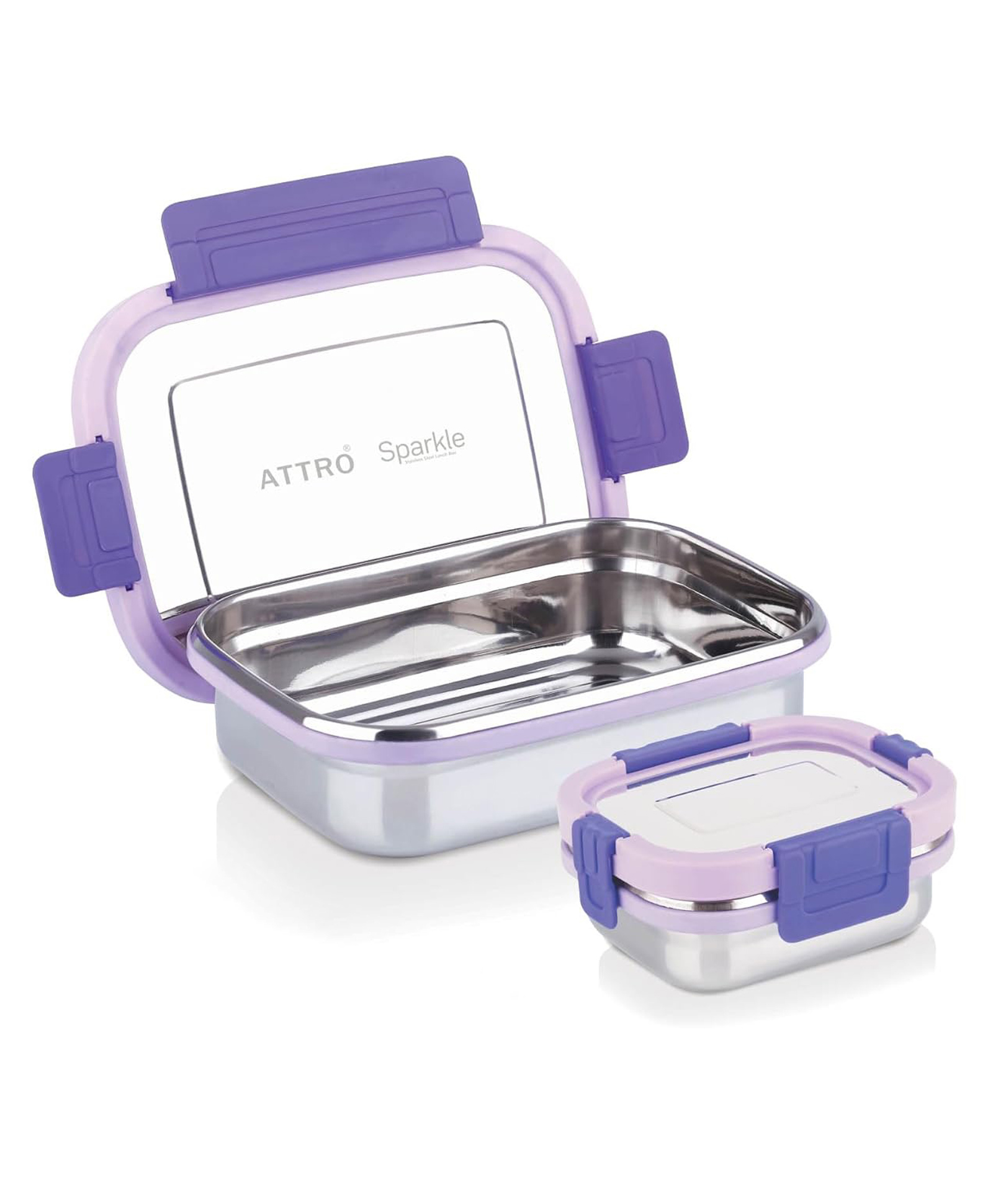 ATTRO Sparkle Medium Stainless Steel Lunch Box Set Leak-Proof Containers - 2 Pieces 750 ml + 200 ml - Purple-picture-15