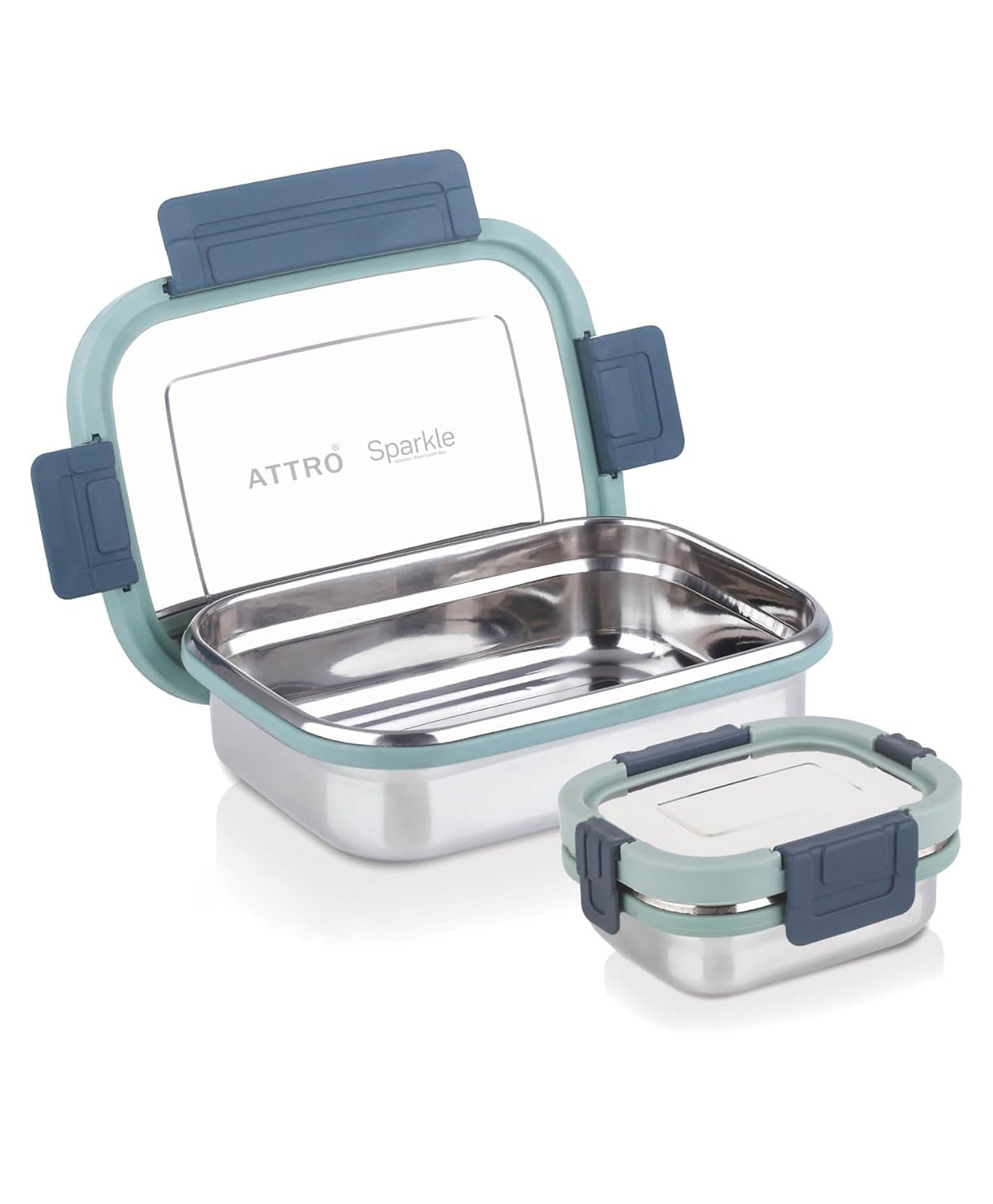 ATTRO Sparkle Medium Stainless Steel Lunch Box Set Leak-Proof Containers - 2 Pieces 800 ml + 150 ml - Green-picture-26