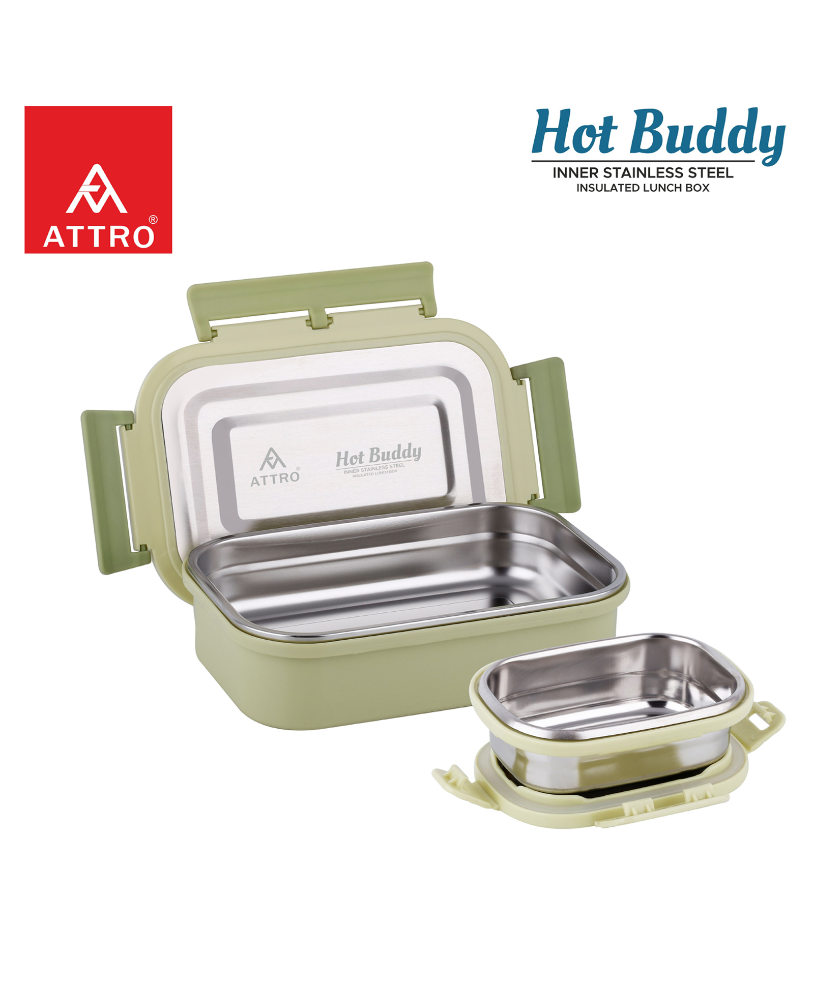 ATTRO Hot Buddy Insulated Lunch Box Airtight Spill-Proof Containers 2 Pieces 800 ml + 170 ml - Green-picture-21