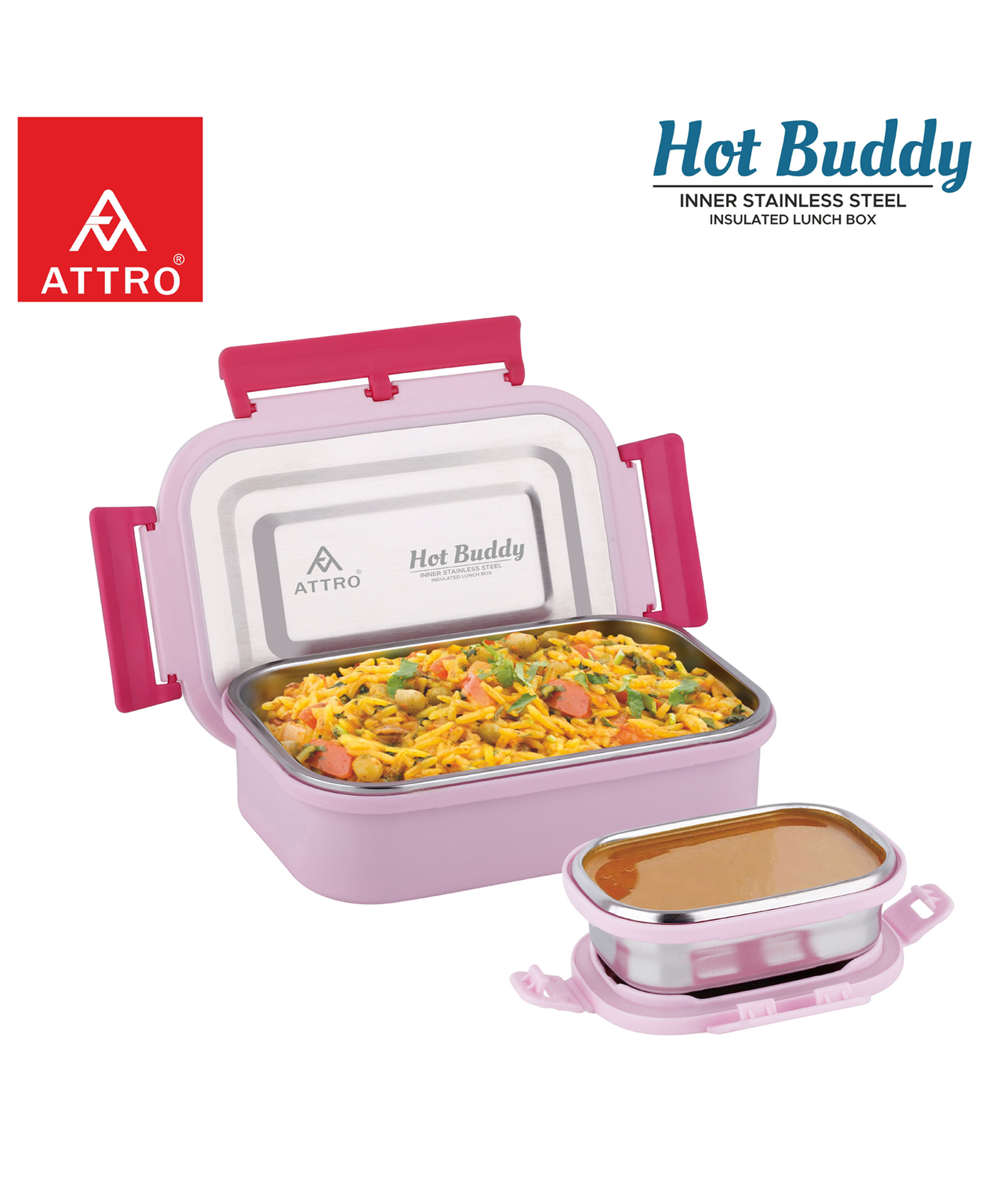 ATTRO Hot Buddy Insulated Lunch Box Airtight Spill-Proof Containers 2 Pieces 800 ml + 170 ml - Pink-picture-40