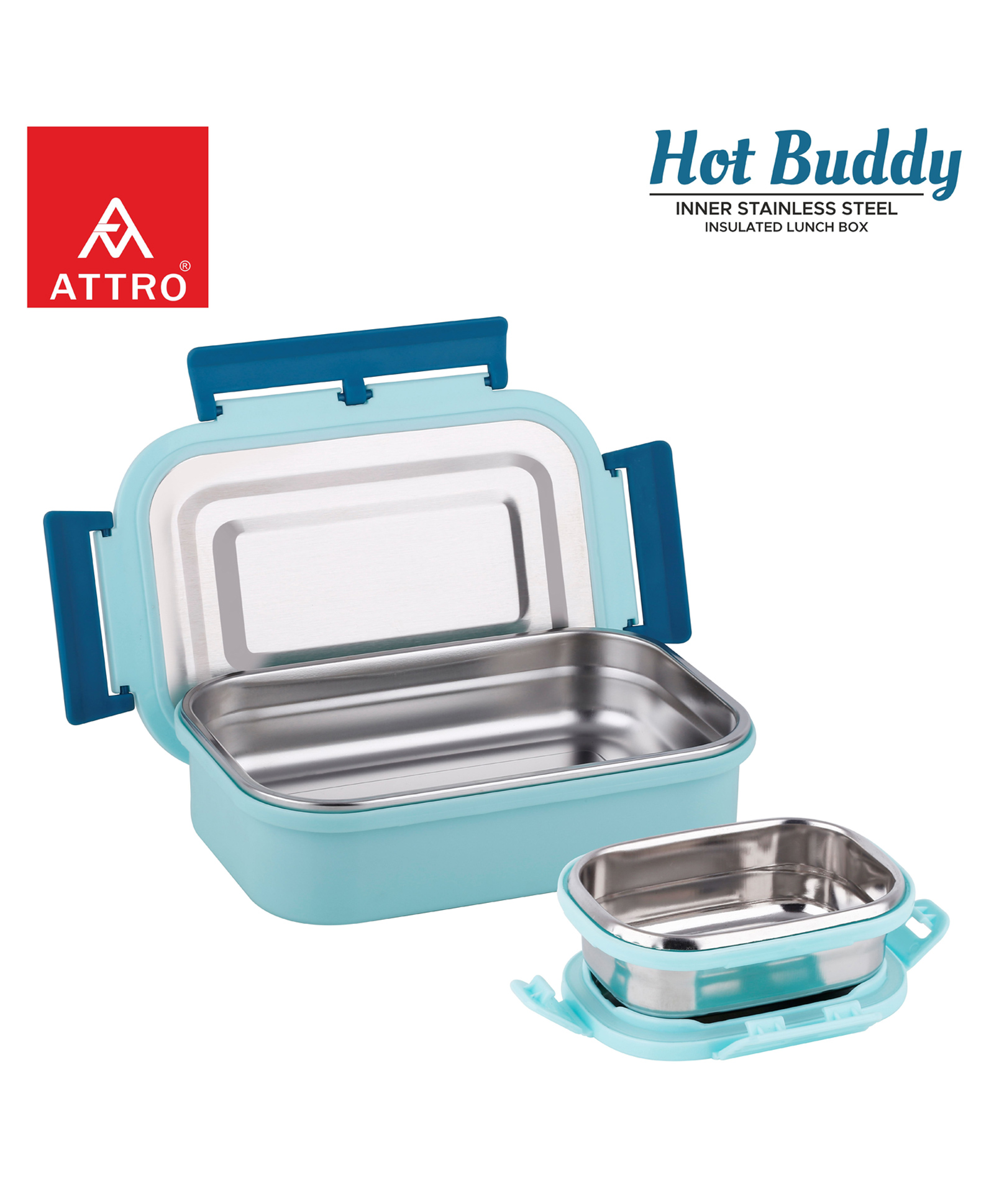 ATTRO Hot Buddy Insulated Lunch Box Airtight Spill-Proof Containers 2 Pieces 800 ml + 170 ml - Green Blue-picture-24
