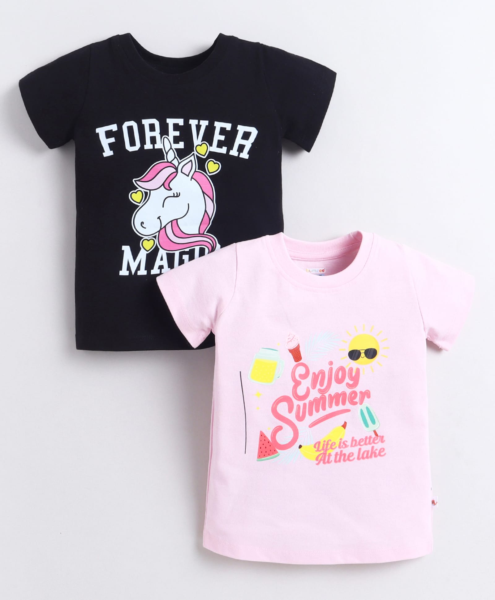 BUMZEE Cotton Knit Pack Of 2 Half Sleeves Typography & Unicorn Printed Tees - Pink & Black-image-12