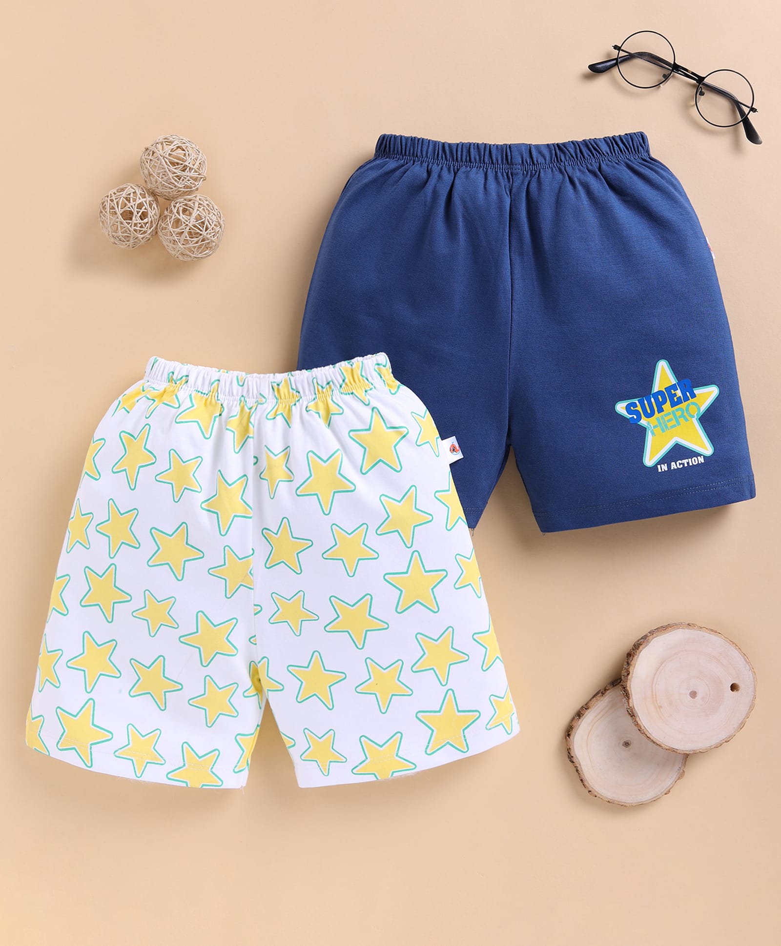 BUMZEE Cotton Knit Pack Of 2 Stars Printed Shorts - Off White & Blue-picture-18