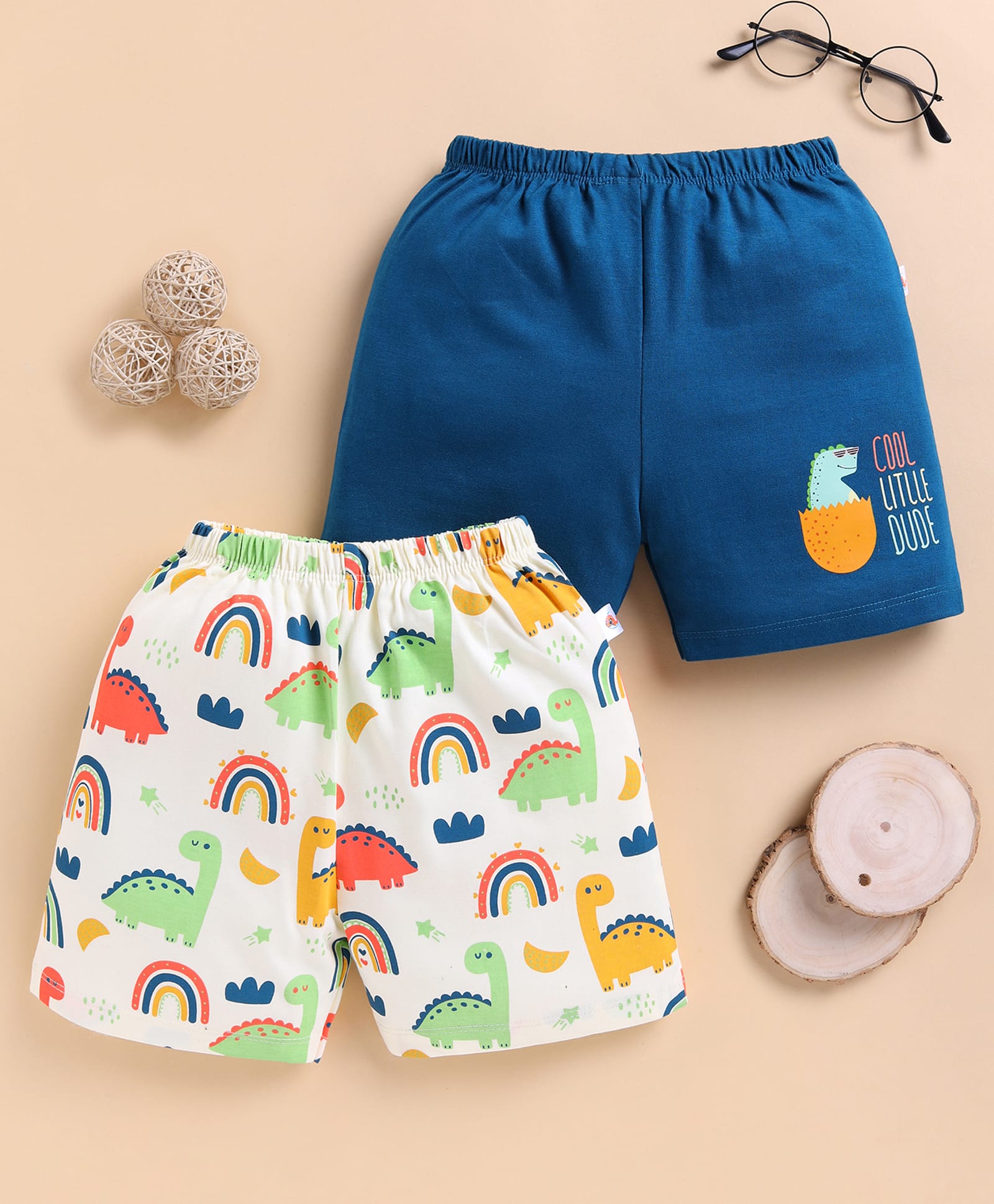 BUMZEE Cotton Knit Pack Of 2 Dinosaurs & Rainbows Printed Shorts - Cream & Teal Blue-image-5