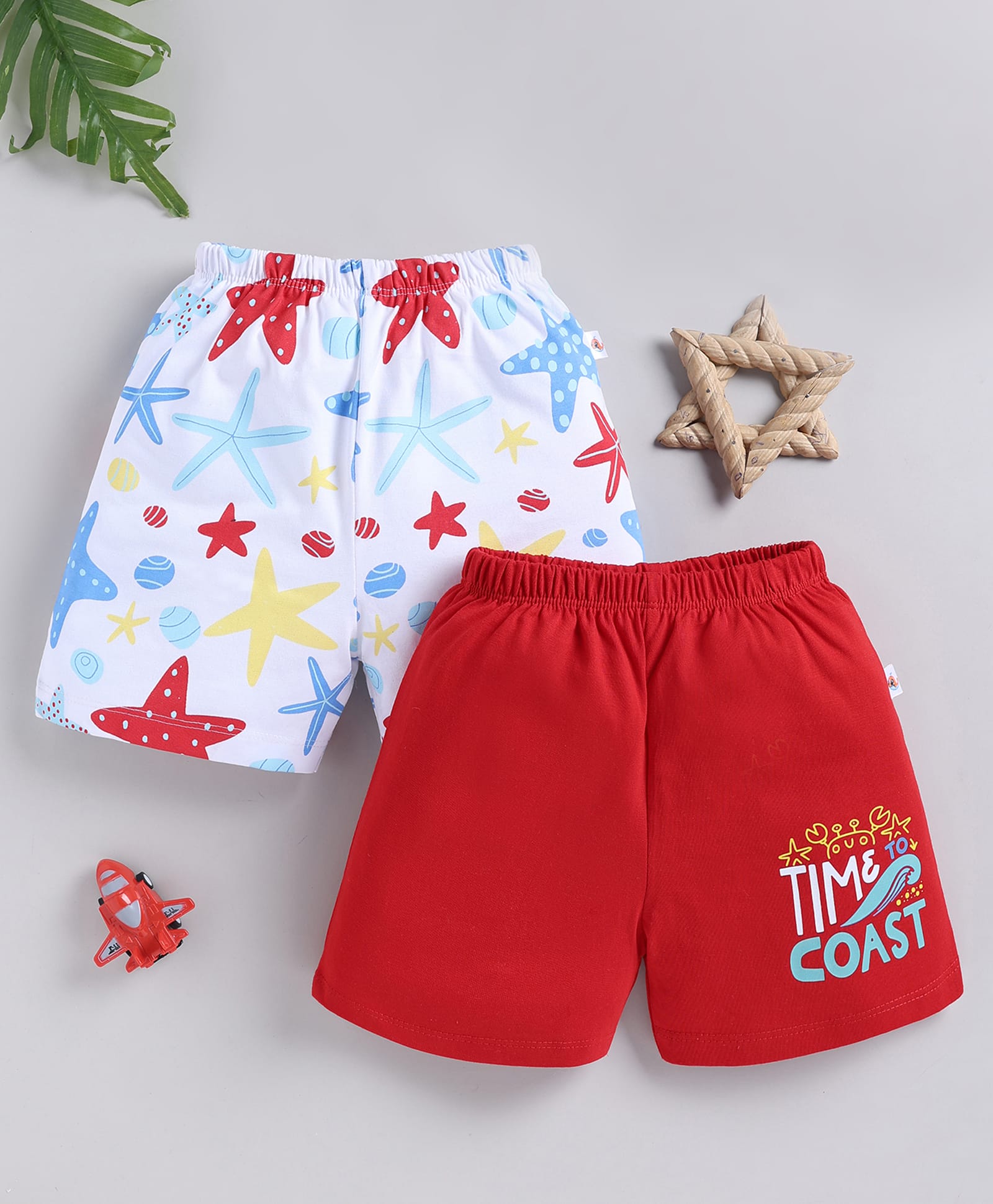 BUMZEE Cotton Knit Pack Of 2 Starfish & Time To Coast Text Printed Shorts - Red & White-image-44