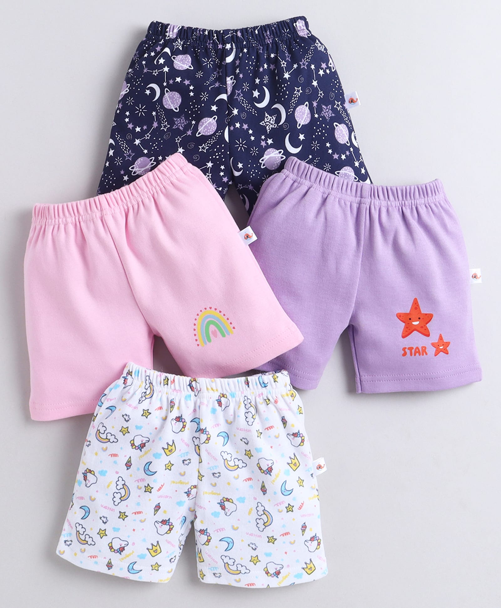 BUMZEE Cotton Knit Pack Of 4 Rainbow & Space Theme Printed Shorts - Pink & Lavender-image-21