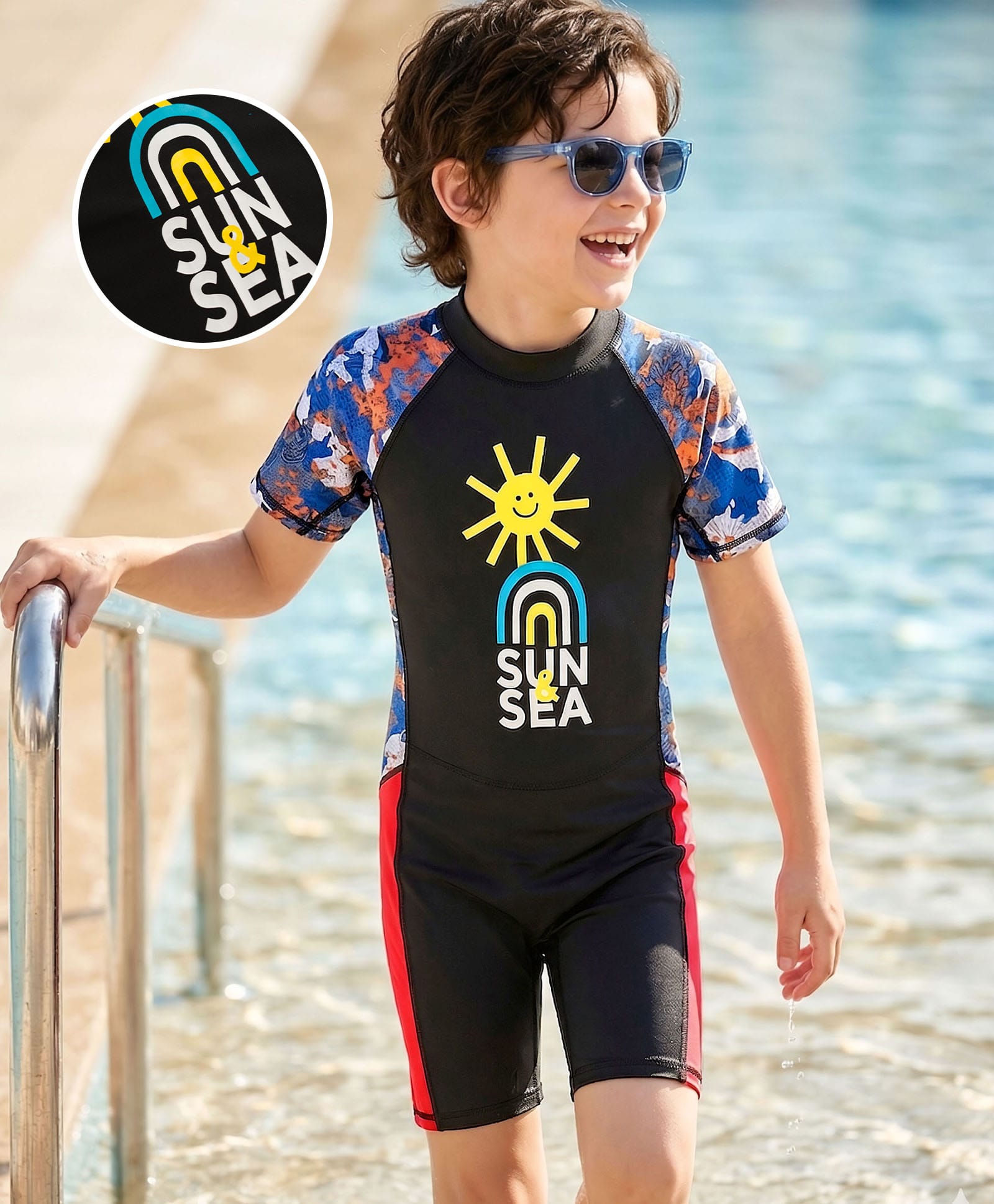 Bosky Swimwear Raglan Half Sleeves Beach Theme Printed Legged Swimsuit - Black-image-17