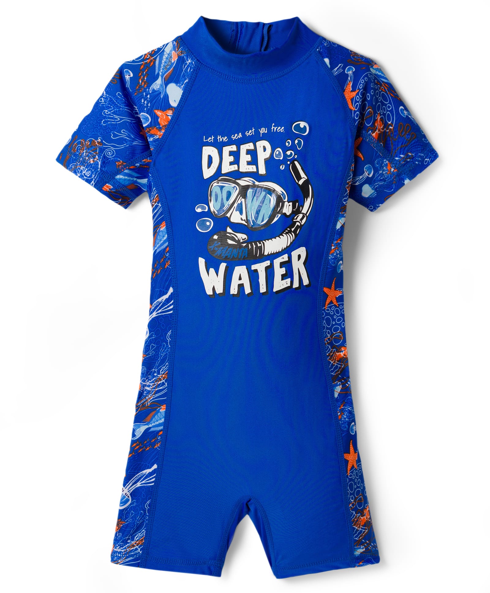 Bosky Swimwear Half Raglan Sleeves Legged Swimsuit with Deep Water Print - Blue-picture-32