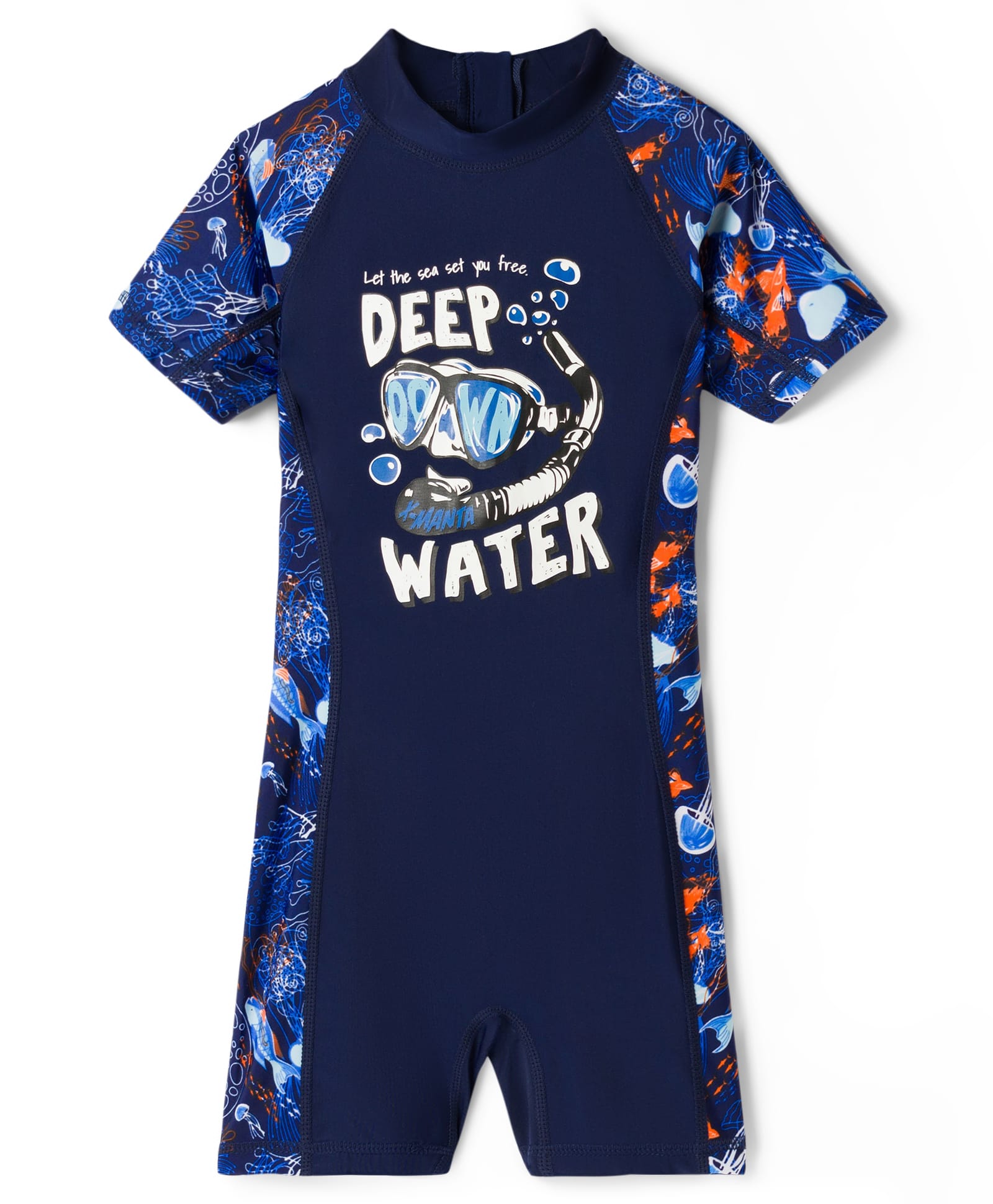 Bosky Swimwear Half Raglan Sleeves Legged Swimsuit with Deep Water Print - Navy Blue-picture-17