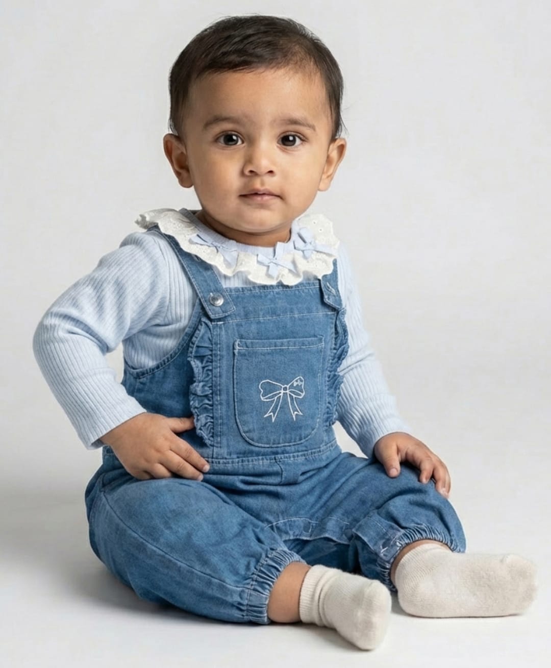 Biglilpeople Cotton Blend Woven Sleeveless Frill Detailed Dungaree - Blue-image-17