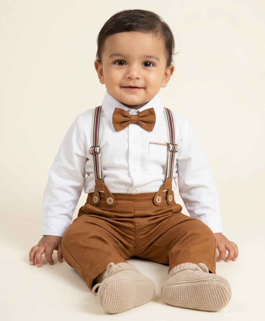 Biglilpeople Cotton Blend Woven Full Sleeves Solid Shirt & Trousers Set With Bow Tie & Suspender - Brown-image-8