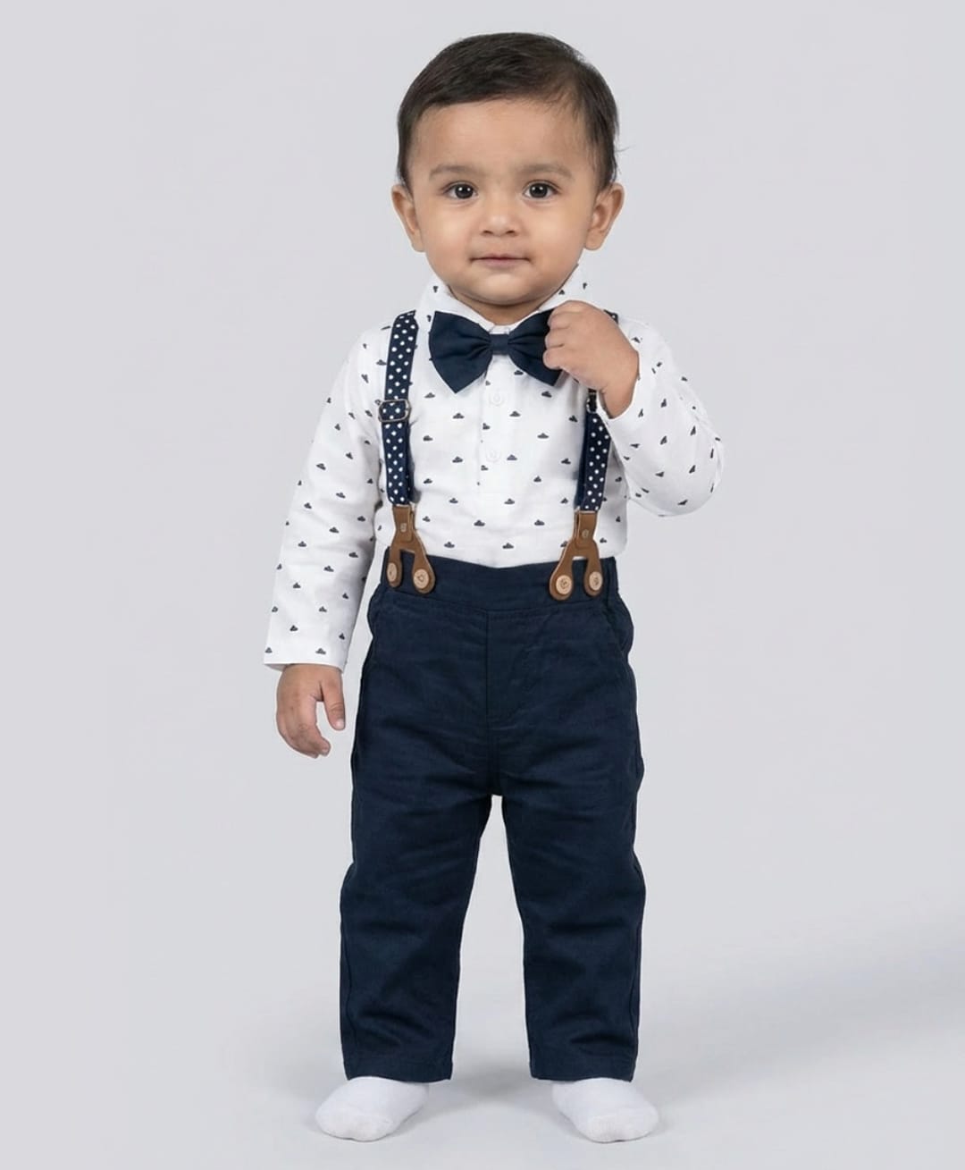 Biglilpeople Cotton Blend Woven Full Sleeves Solid Shirt & Trousers Set With Bow Tie & Suspender - Navy Blue-image-27