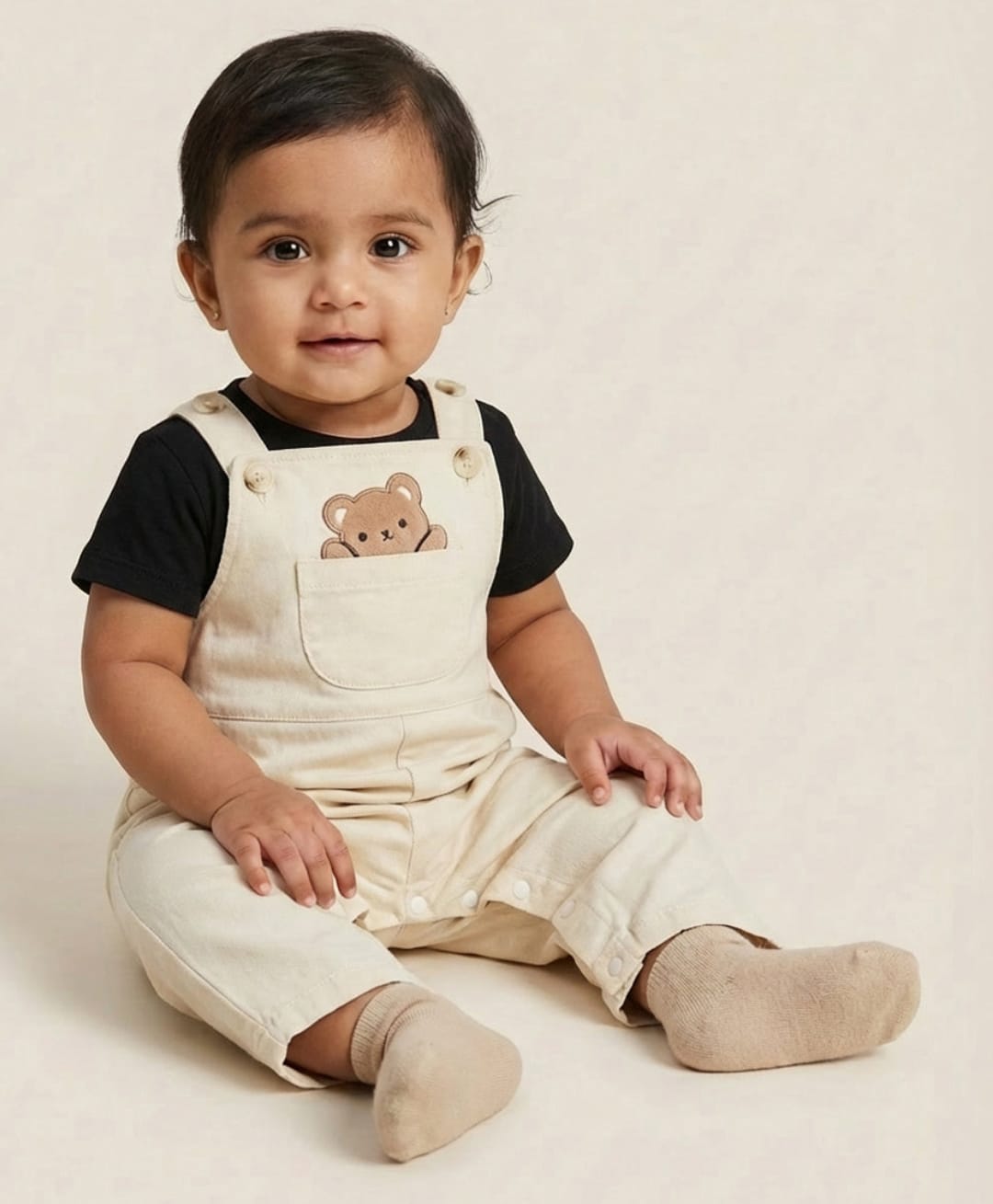 Biglilpeople Cotton Blend Woven Sleeveless Bear Patch Applique Detailed Dungaree - Beige-picture-17