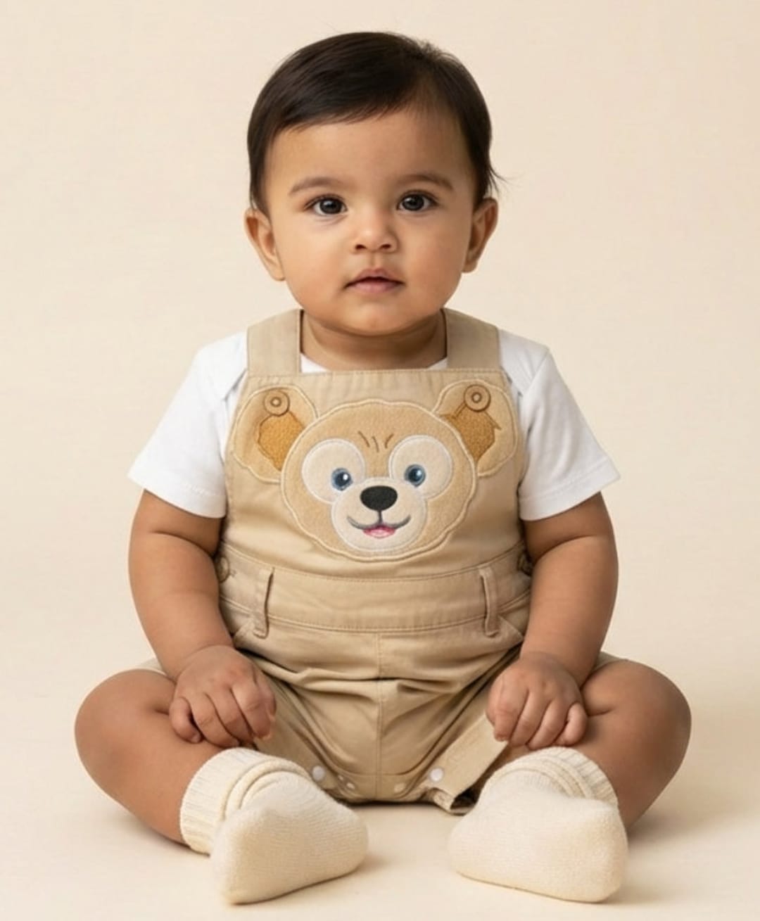 Biglilpeople Cotton Blend Woven Sleeveless Bear Patch Applique Detailed Dungaree - Beige-picture-35