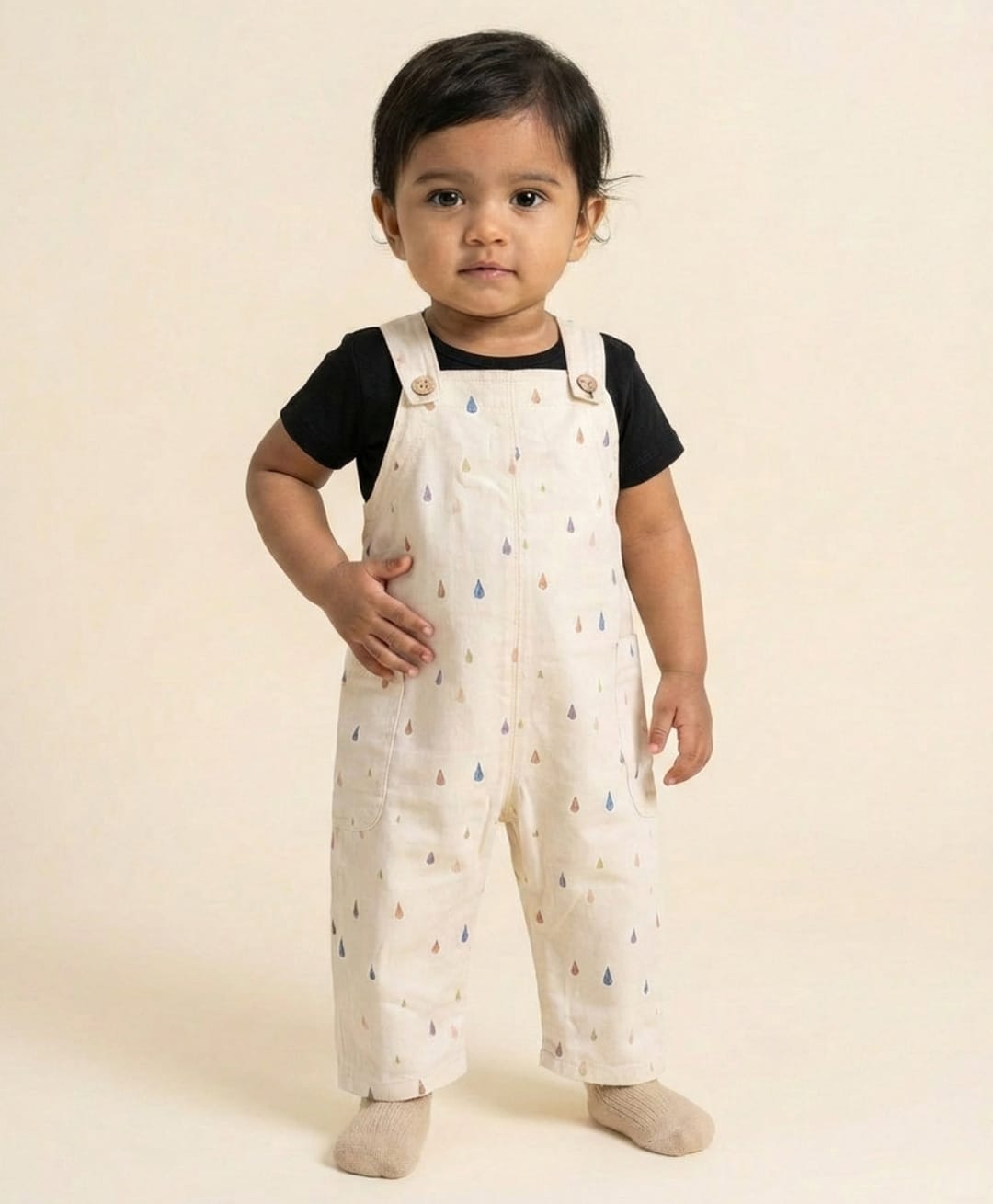 Biglilpeople Cotton Blend Woven Sleeveless Rain Drops Printed Dungaree - Beige-image-16