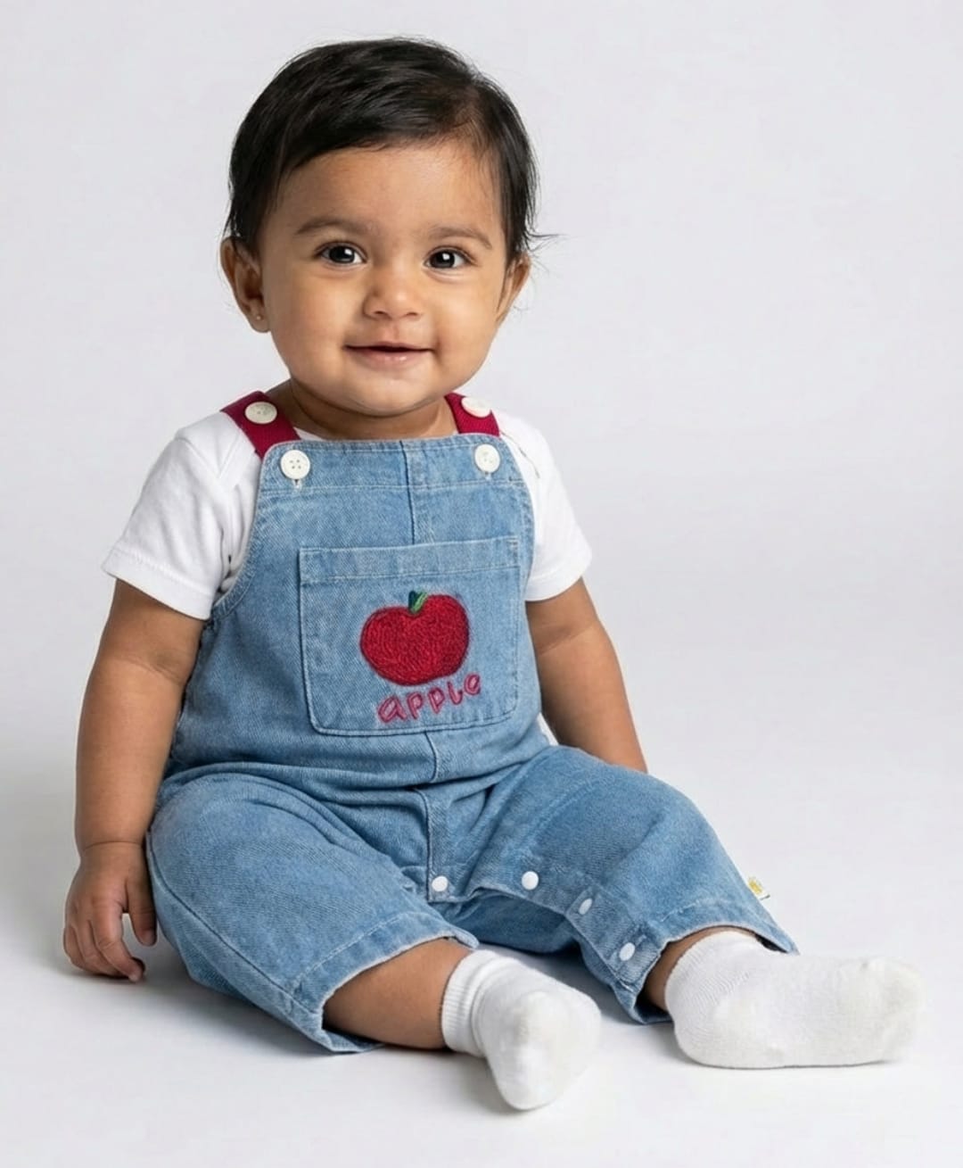 Biglilpeople Cotton Blend Woven Sleeveless Apple Embroidered Dungaree - Blue-picture-39